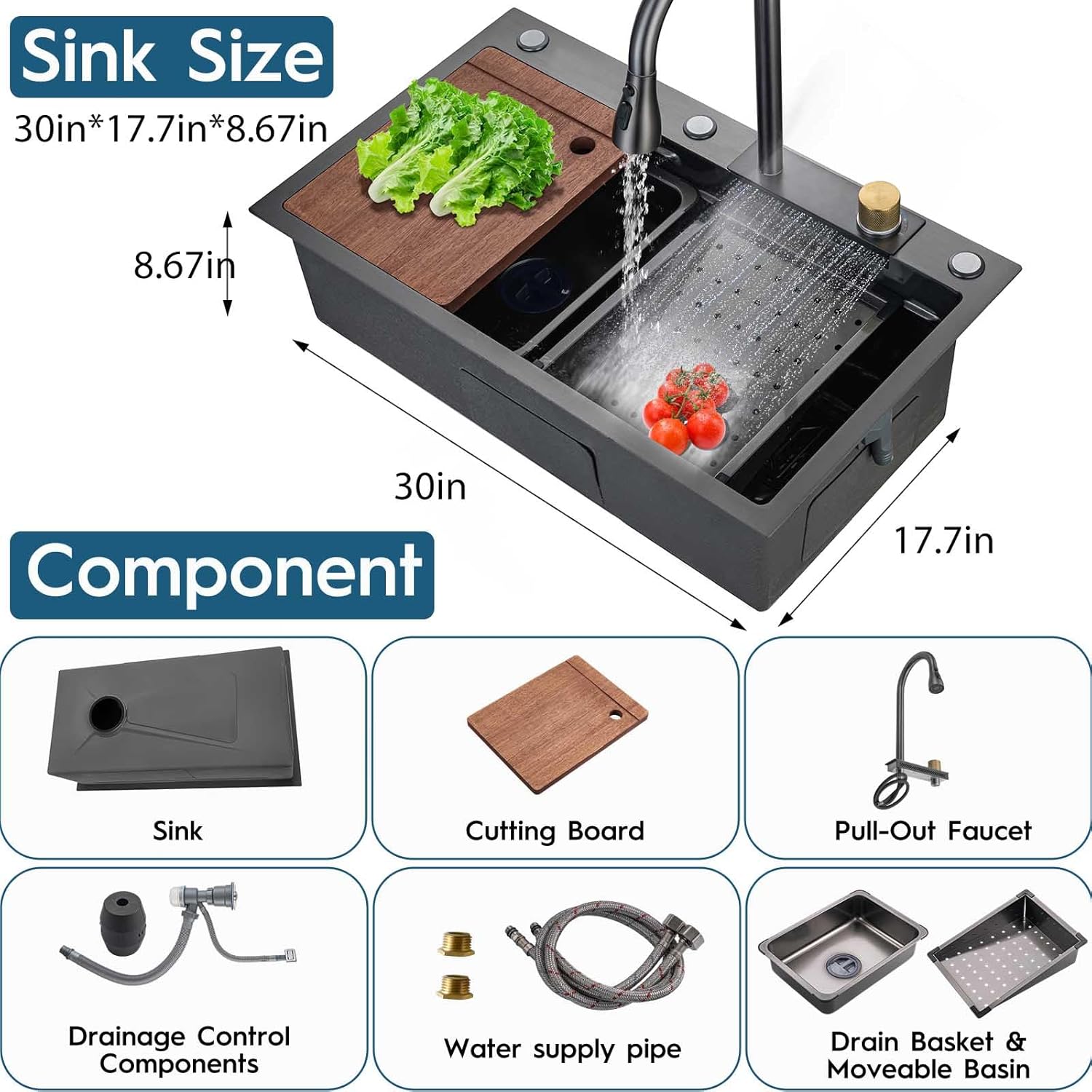 30" Black Drop In Waterfall Kitchen Sink Workstation Single Bowl Stainless Steel Honeycomb Waterfall Sink Modern and Highly Durable Multifunctional Top Mount Kitchen Sinks with Pull-Down Faucet