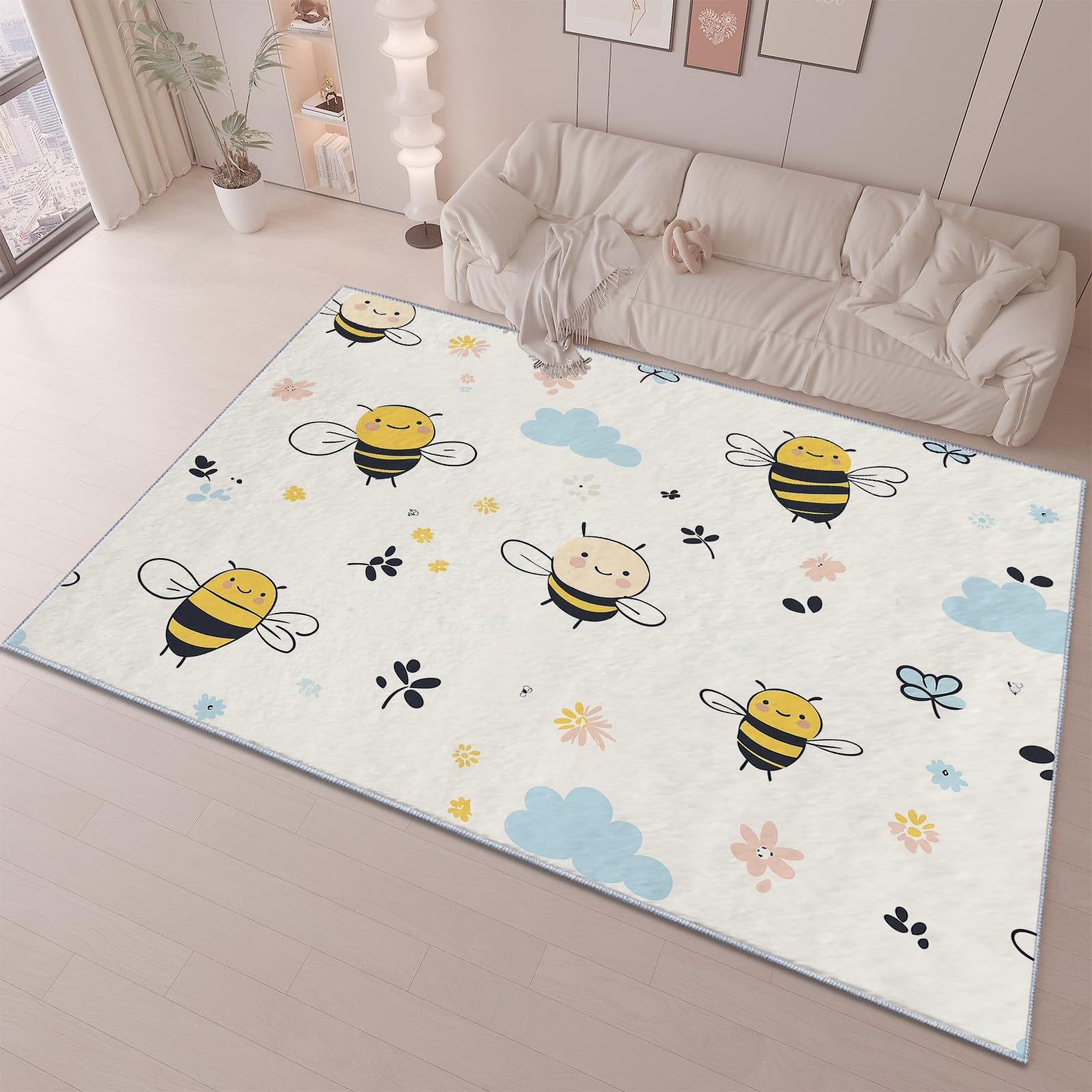 Superweicher Teppich Kinderzimmer 80x150cm Cartoon-Bienenwolke Antirutsch Rechteck Beige Wohnzimmer Schlafzimmer Balkon Bodenmatte