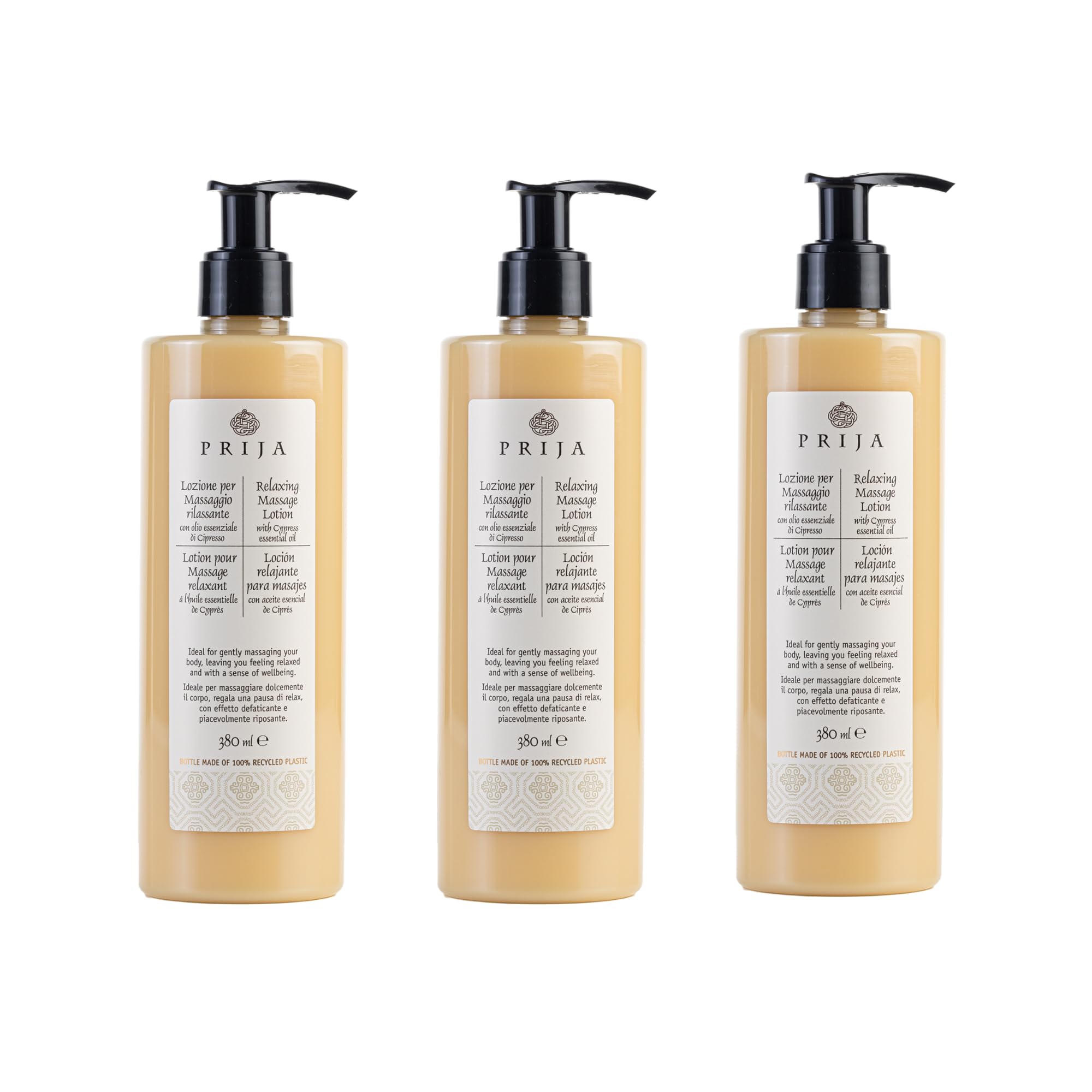 Prija - Lotion de Massage, Testée Dermatologiquement, Made in Italy - Arôme Cyprès, 380ml x3 - Hydratante/Apaisante pour Spa