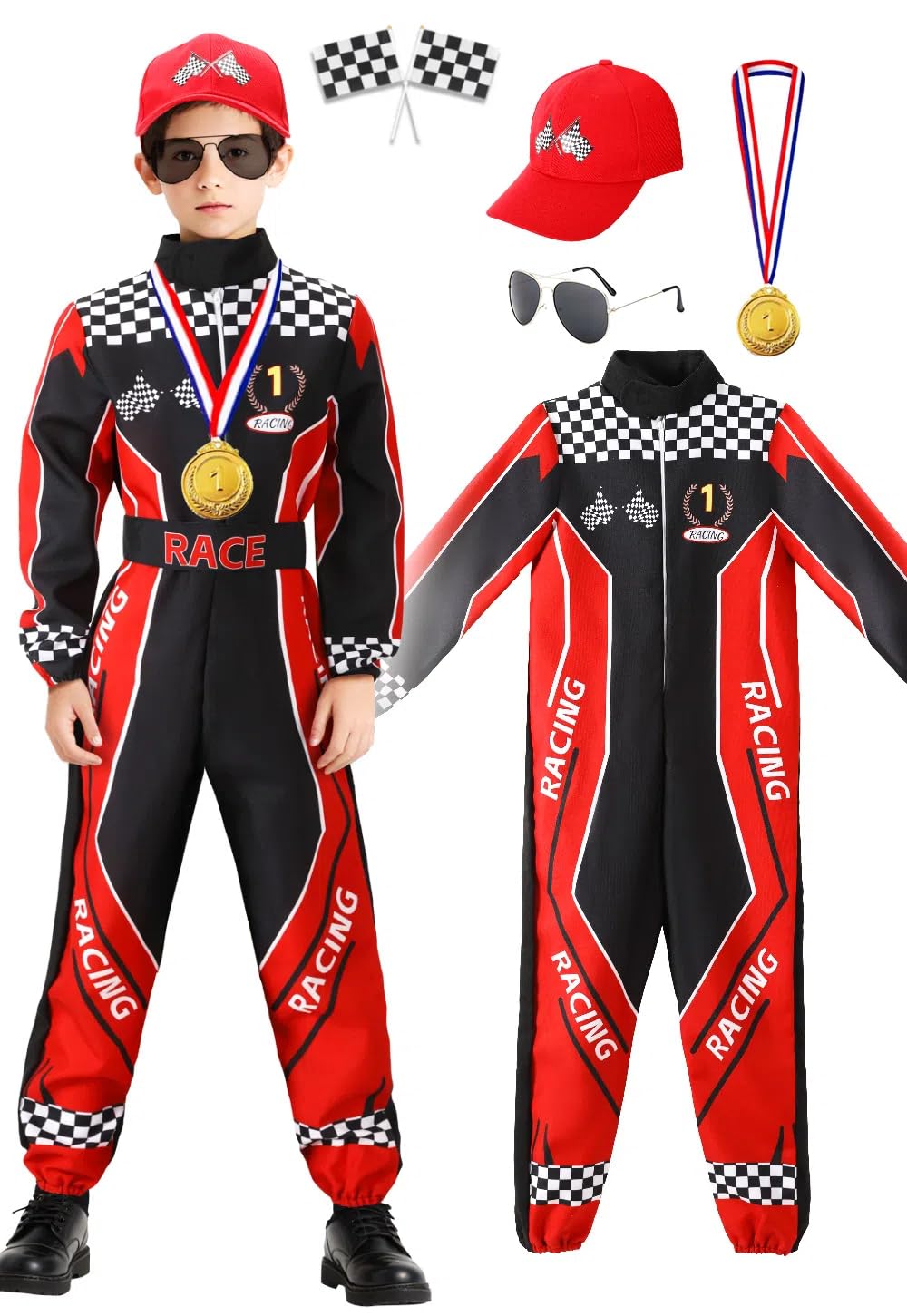 Skknuny Race Car Driver Costume Boys Racer Jumpsuit With Car Cap Kids Dress Up for Halloween (L), Red