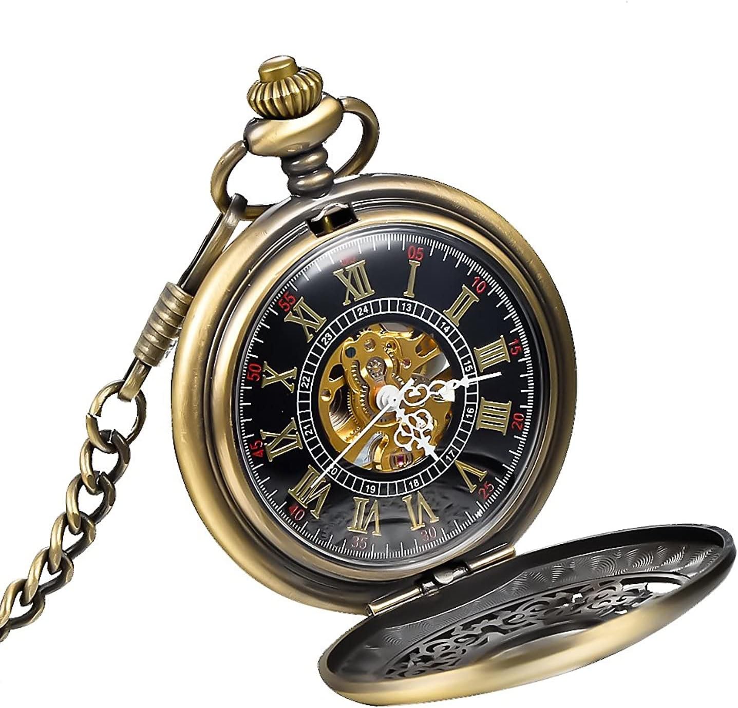 Carrie Hughes Mens Vintage Baroque Roman Mechanical Pocket Watch with Chain in Box WPK914
