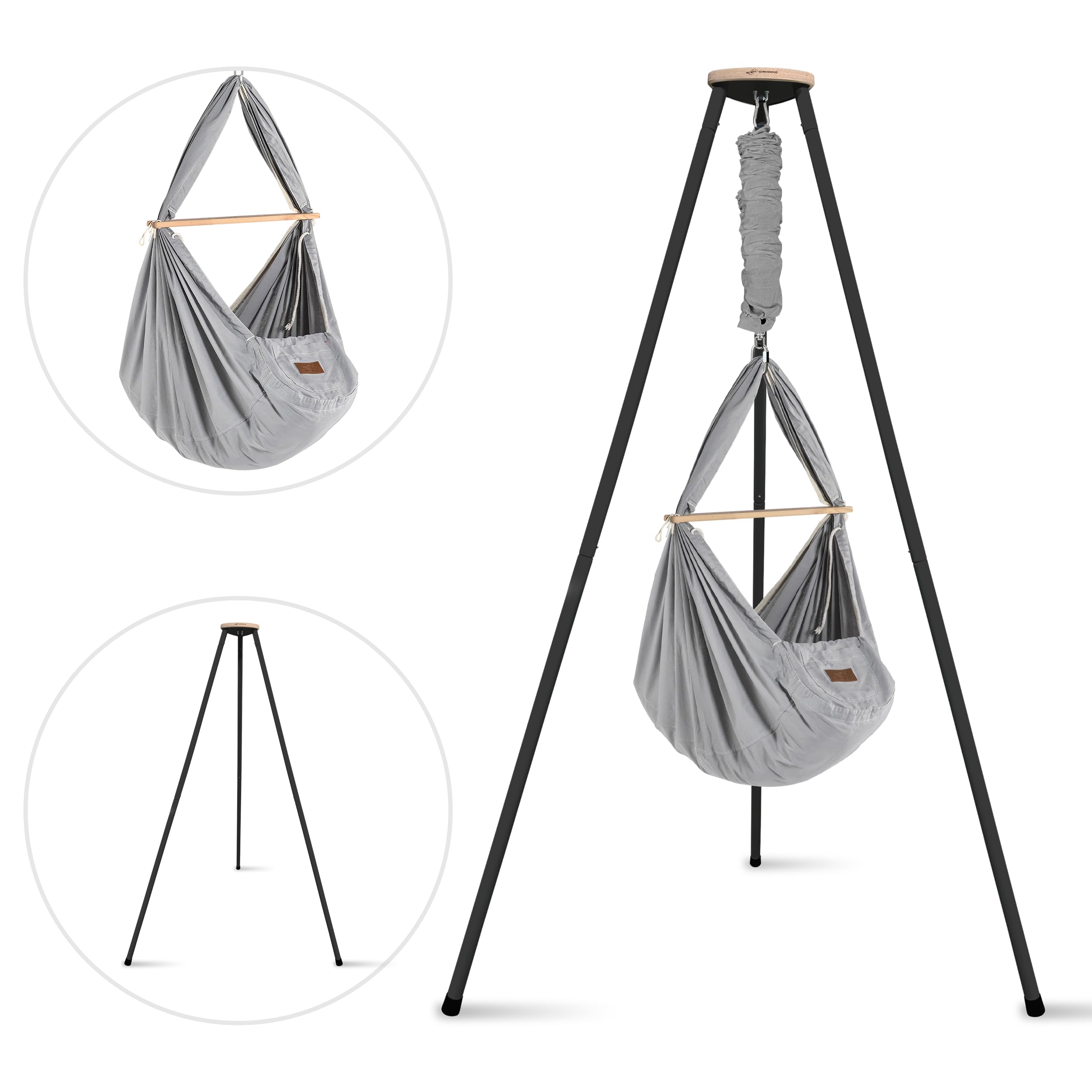 SCHMUSEWOLKE Federwiege Bio Grey - mit Tipi anthrazit - Hängematte für Babys und Kleinkinder ab Geburt bis 3 Jahre - Bio-Baumwolle - Mit Schafwollmatratze