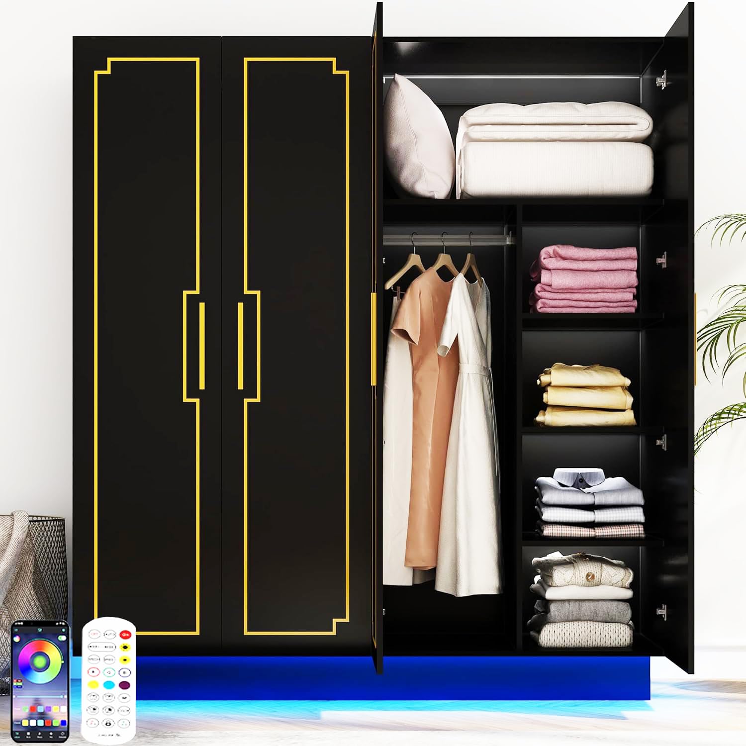 70in LED 4 Doors Armoires Wardrobe Closet&Cabinet with Metal Hanging Rod,Bedroom Black Tall Armoires with RGB LED 60000-color Lights for Bedroom Office Clothes Organizer