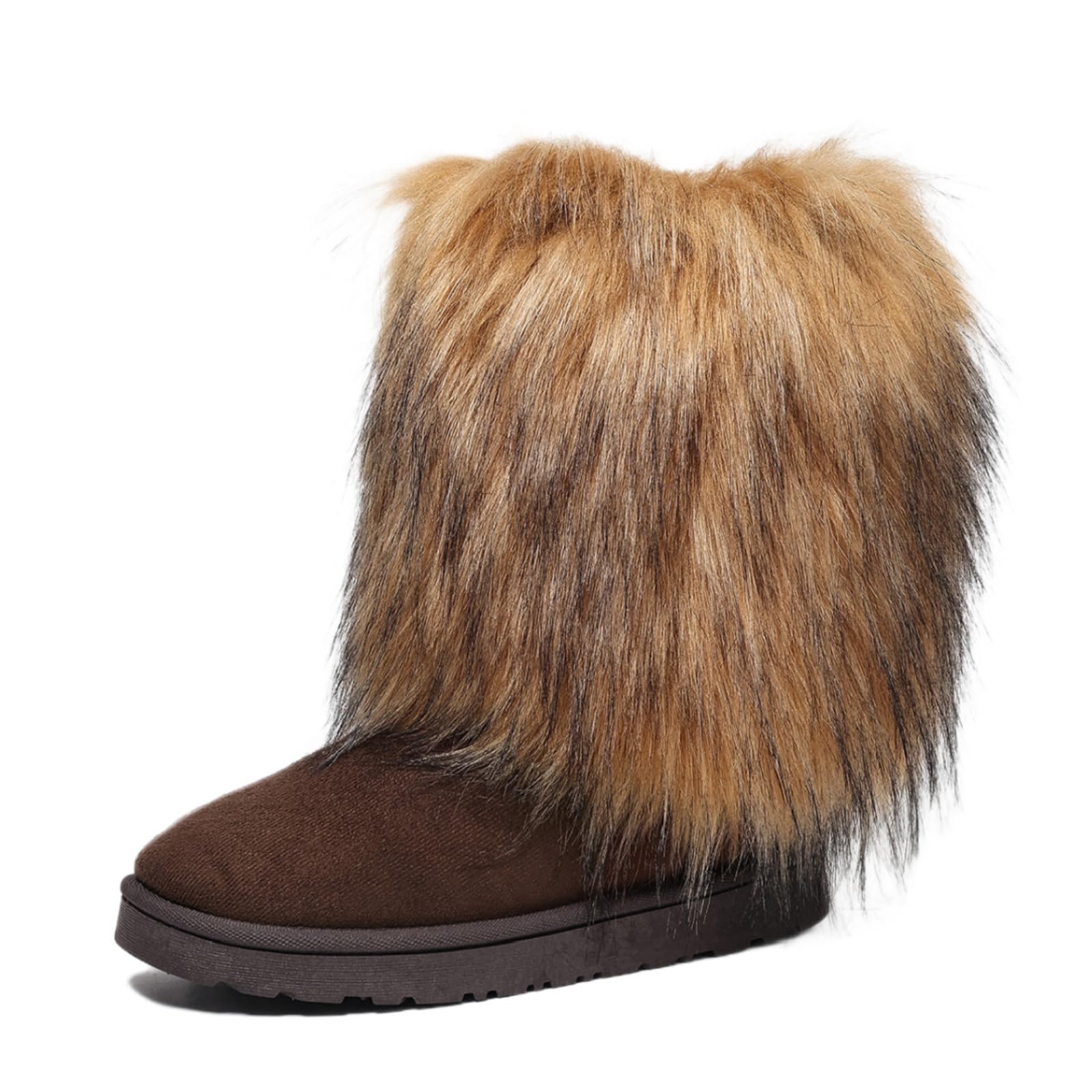 Women Furry Faux Fur Mid Calf Boots Fuzzy Fluffy Round Toe Anti Slip Suede Warm Snow Booties Winter
