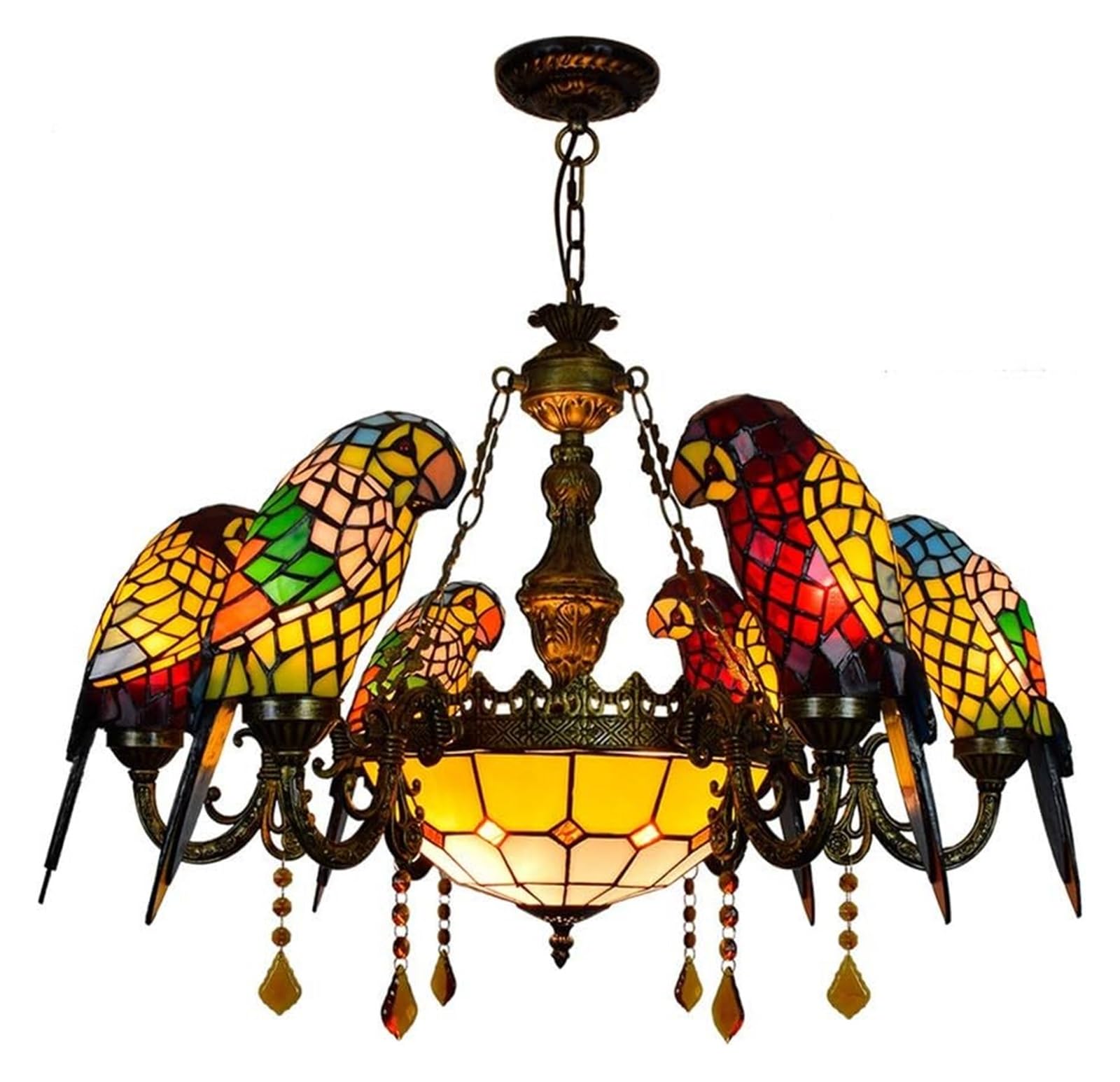 HPTHLY Ceiling Lamp Ceiling Pendant Light Fixture 32" Tiffany Style Coloured Parrot Lamp Stained Glass Shades 6 Arm Chandelier With 12 Inches Inverted Ceiling Pendant