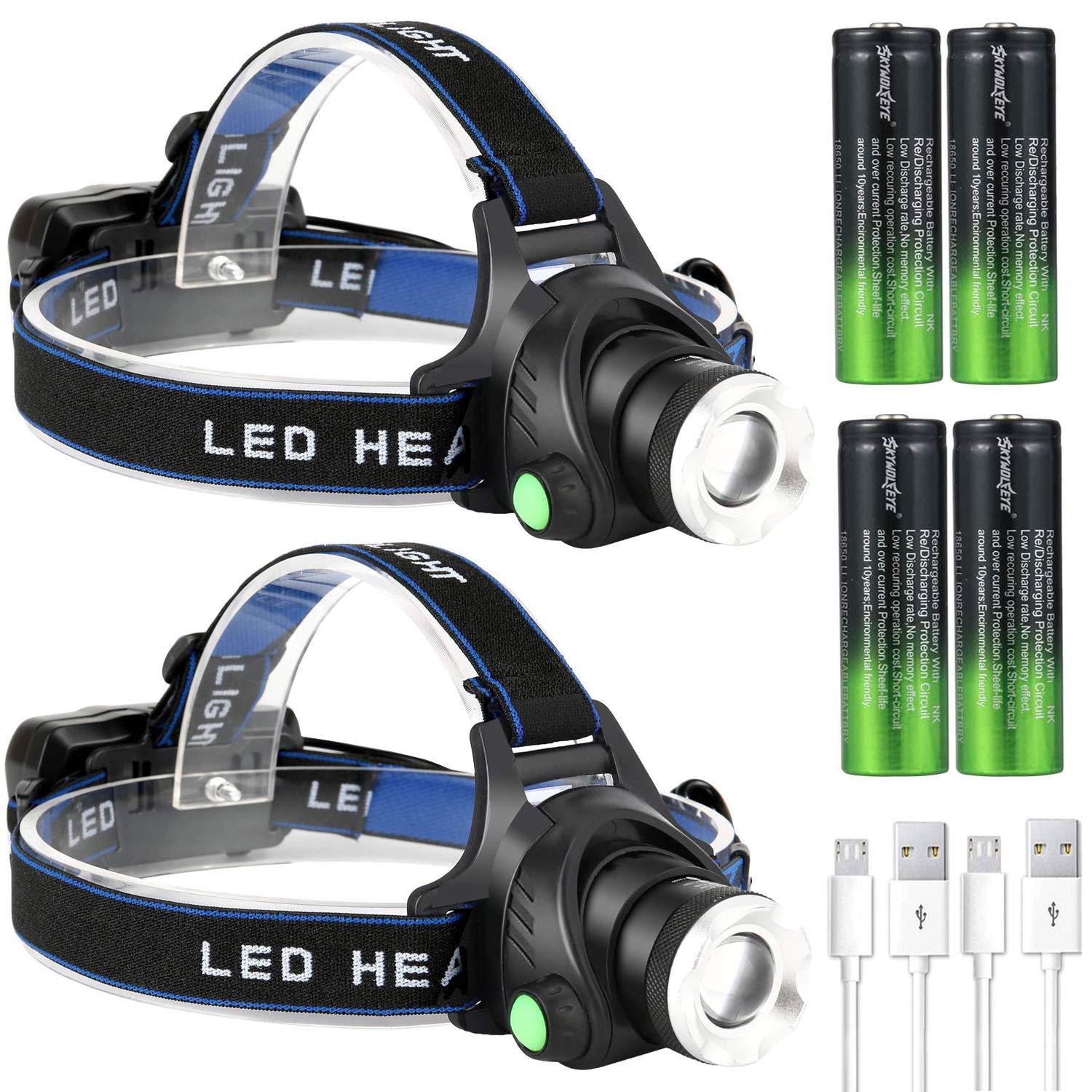 SwanlakeLED Rechargeable Head Lamp 230° Illumination Wide Beam Hard Hat Headlamp Flashlight & 8 Clips, 1000 Lumen 3 Modes Lightweight Head Light for Running, Cycling, Camping (2Pack)