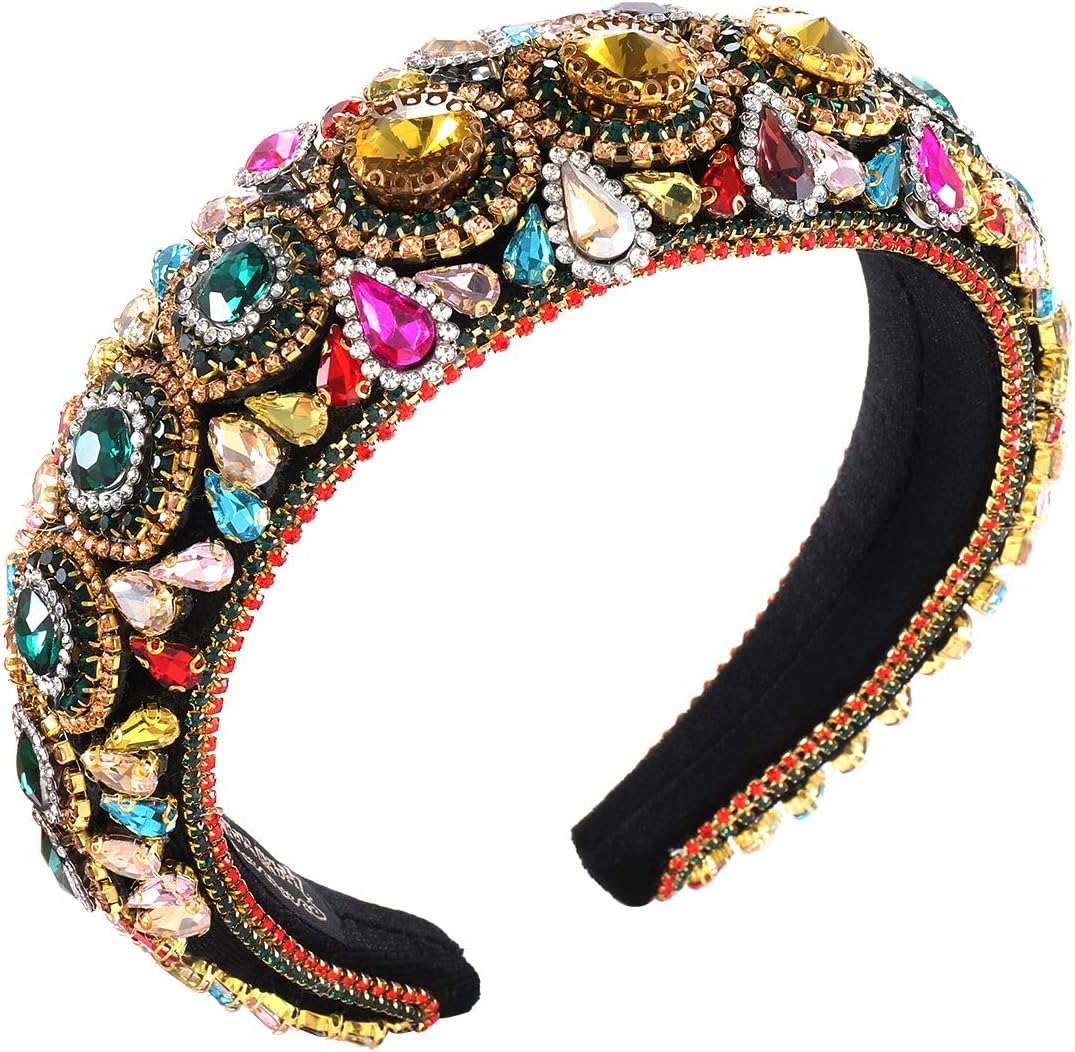 Rhinestone Padded Headband Baroque Crystal Embellished Hairbands Colorful Beaded Headbands Fashion Bejewelled HairHoop Accessory for Women Girls