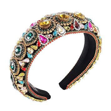 Rhinestone Padded Headband Baroque Crystal Embellished Hairbands Colorful Beaded Headbands Fashion Bejewelled HairHoop Accessory for Women Large Hair Hoop