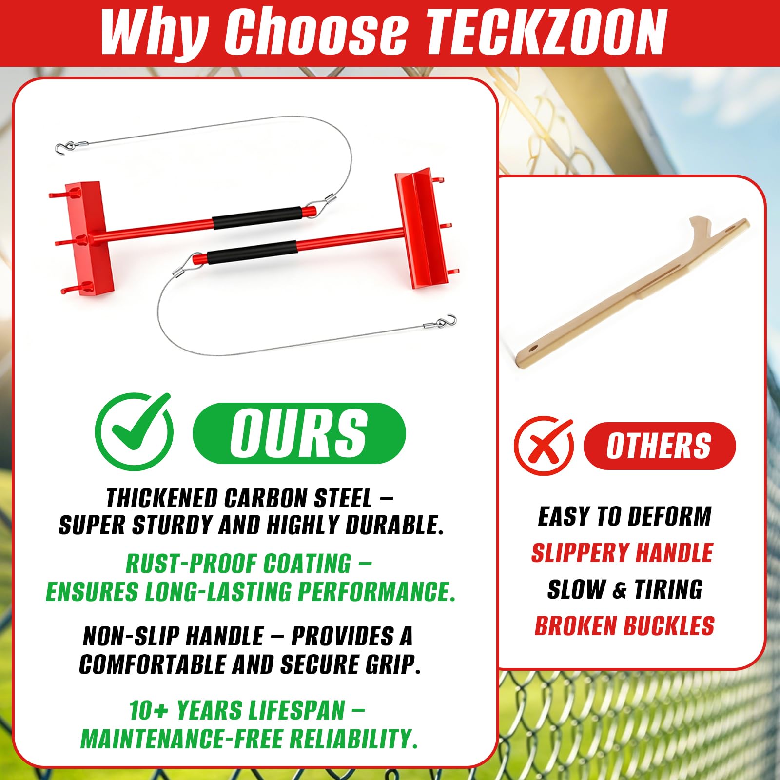Set di 2 tenditori per recinzioni a catena, robusti tubi superiori, con corda in acciaio da 70 cm e 3 ganci, acciaio al carbonio, alta forza di trazione, utilizzabile da una persona (set da 2)