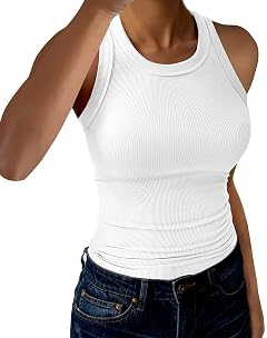 Womens Tank Tops High Neck Sleeveless Ribbed Tank Casual Basic Thick Strap Slim Fitted Racerback Shirts