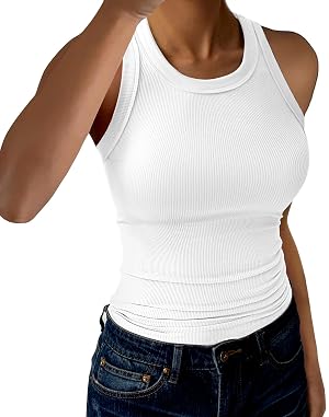 Womens Tank Tops High Neck Sleeveless Ribbed Tank Casual Basic Thick Strap Slim Fitted Racerback Shirts