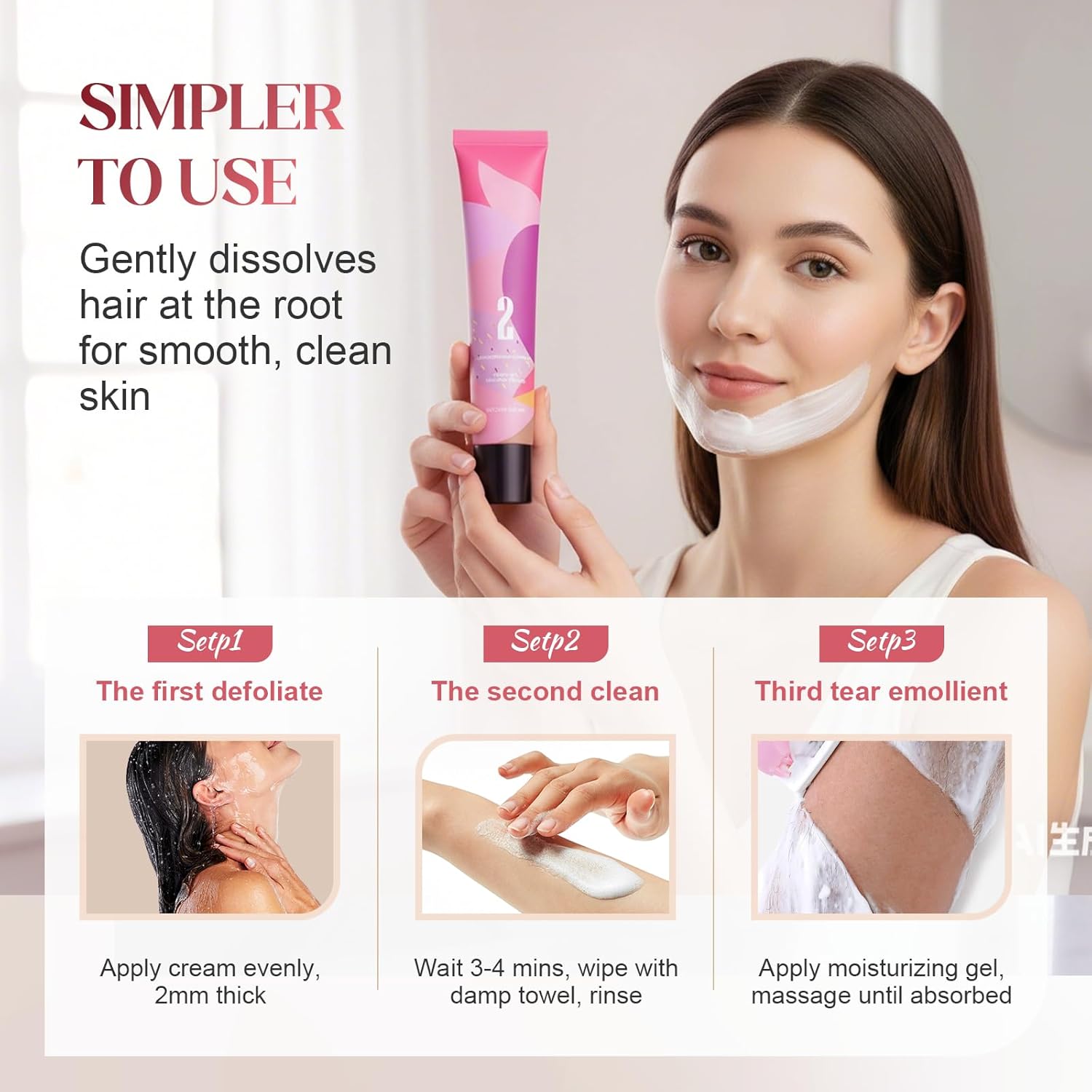 Gentle Facial Hair Removal Cream for Women, Advanced Formula for Sensitive Skin, Painless Hair Remover Kit with Cream & Smoothing Gel & Soothing Lotion (3, Standard)