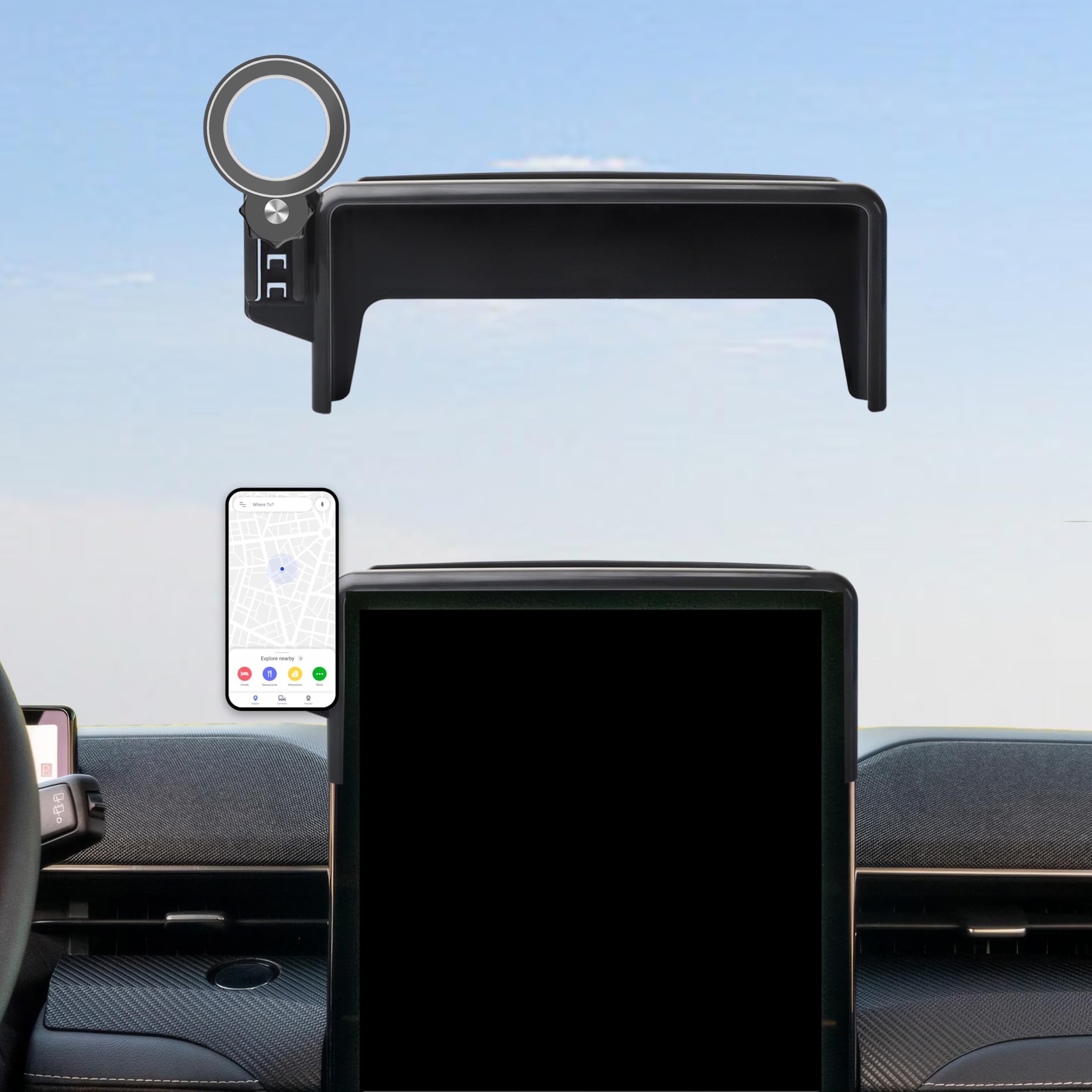 AbeeyGeomarn Car Phone Holder for Ford Mustang Mach-E 2021-2026 Accessories Apply to 15.5 Inch Touch Screen Fixed Clip Magnetic Cell Phone Mount