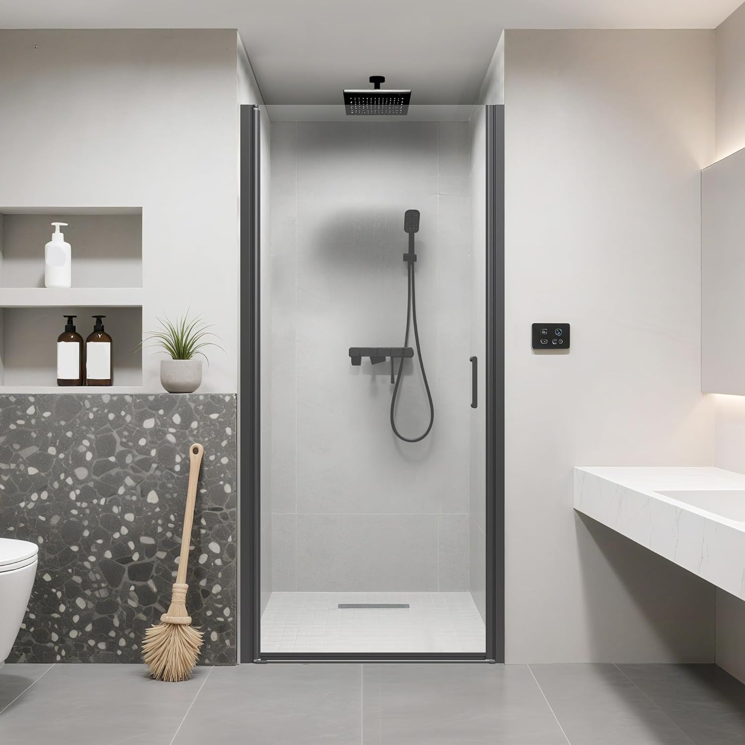 34-35" W × 72" H Semi-Frameless Pivot Shower Door, Pivot Swing Shower Door for Bathroom, Single Glass Panel, 1/4" -6mm Clear SGCC Tempered Glass, Reversible Installation & Adjustable, Black