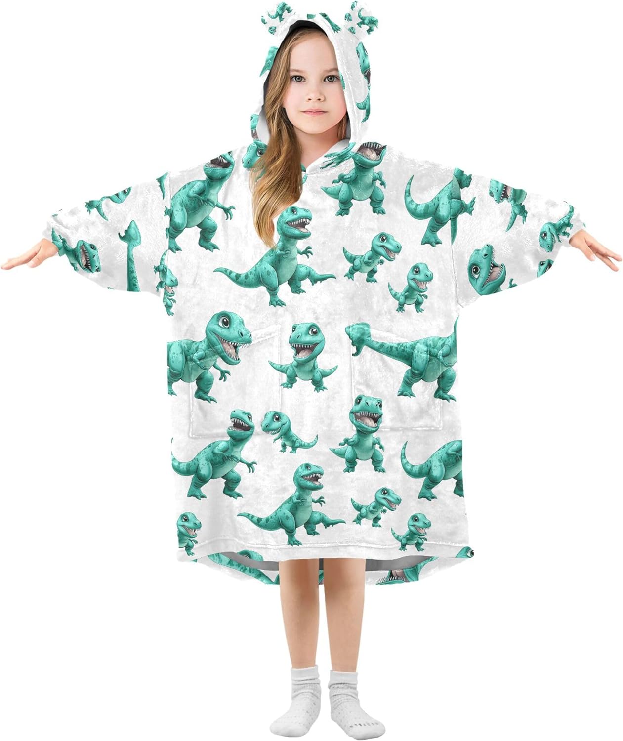 Green Dinosaur Dino Animal Kids Wearable Blanket Hoodie and Sleeves for Toddlers, Cute Hoodies Girls B0403859