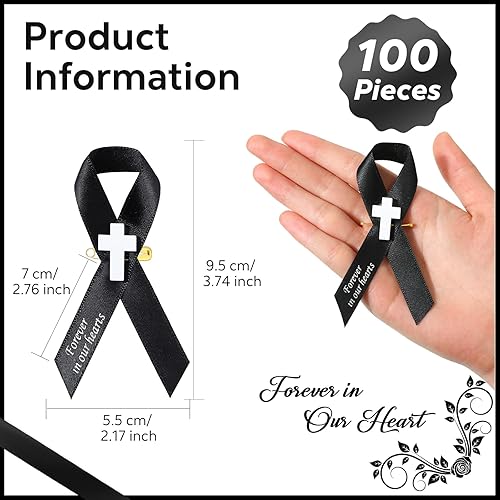 Miniatura 2 de 100 cintas funerarias cruzadas, cinta conmemorativa, pasadores funerarios clásicos, lazo de respeto conmemorativo con pasadores de seguridad y cruz