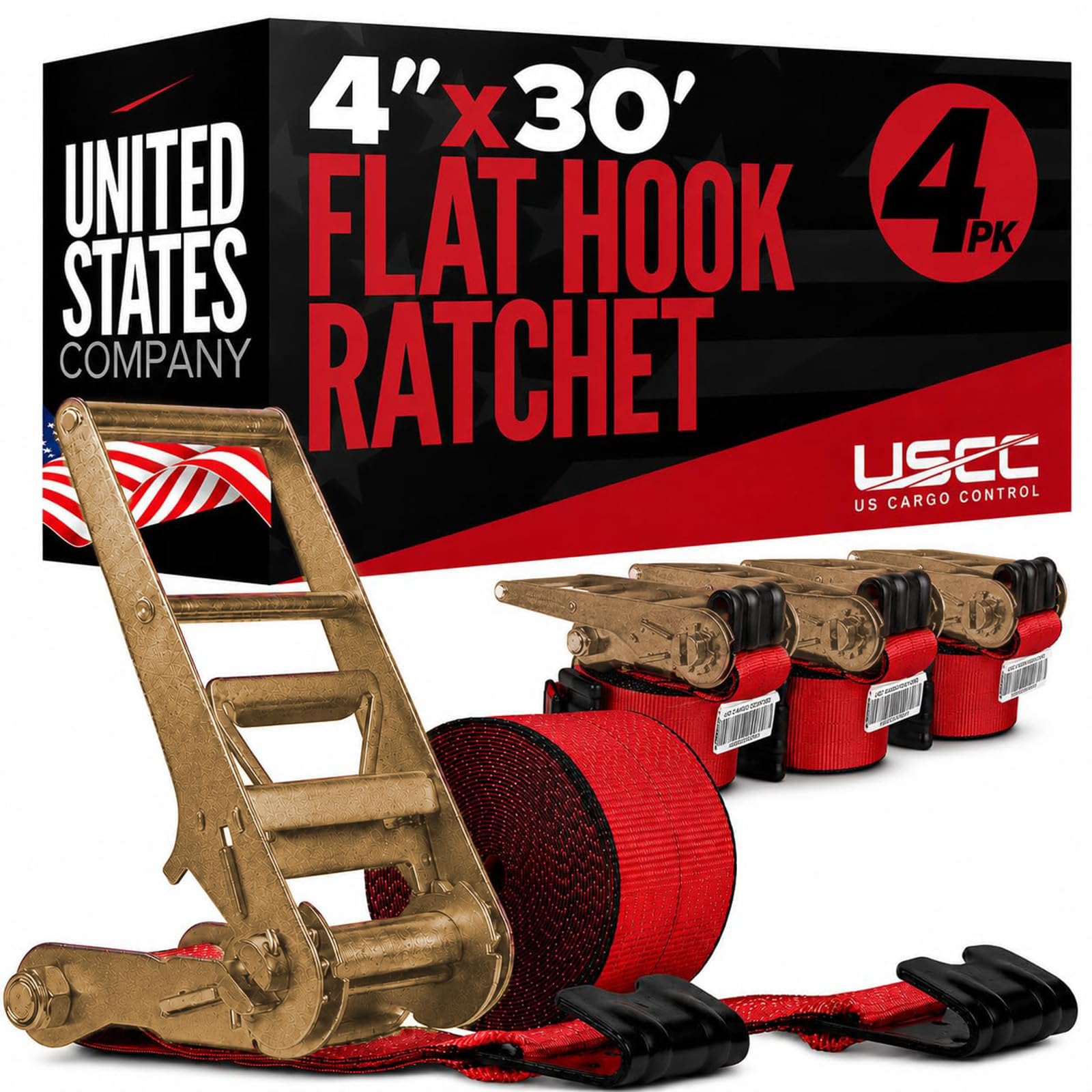 US Cargo Control Flat Hook Ratchet Straps 4” x 30’ (4-Pack), 5,400 LBS Working Load Limit, Red 4 Inch Ratchet Straps with Black Flat Hooks, Professional 4 Inch Straps for Flatbed Trailers