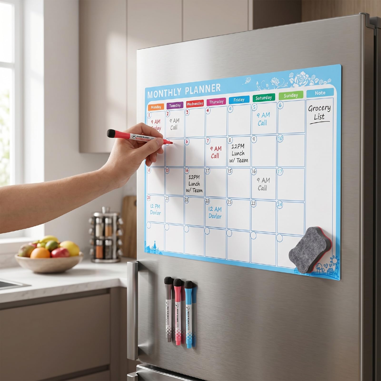 Zerodis 4 Stück Kühlschrankkalender, Starker Magnet, Familienplanungsnabe, Trocken Abwischbarer Magnetischer Kalender, Inklusive 4 Whiteboards, 12 Stiften und (Sets roter, blauer, schwarzer Stift)