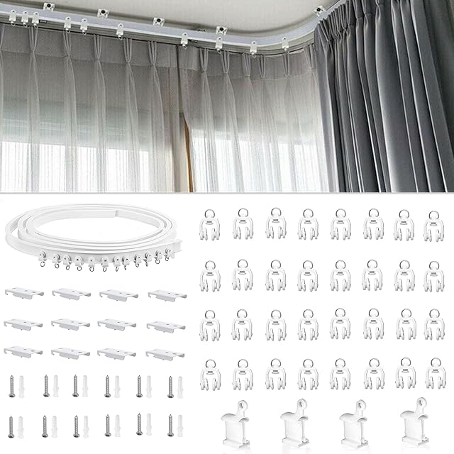 TOPWA 4 meter Flexible Plastic Pvc Curtain Track Runner Rail Wall Ceiling Mounted Fixing Hooks Shower Curtains Room Divider With Instruction Mounting Accessories Include White (Top clamping)