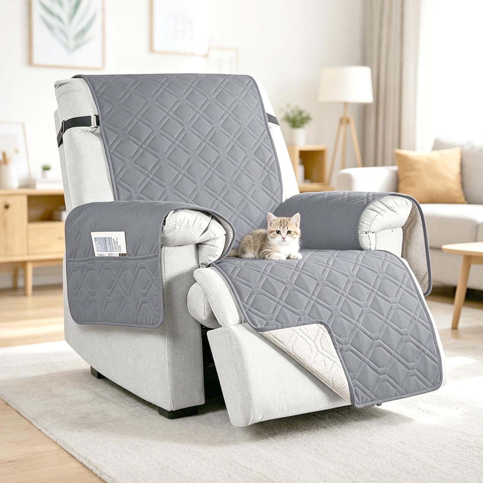 AHSBND Recliner Chair Cover Waterproof: 1 Seater Sofa Armchair Covers Non Slip Furniture Protector with Pockets Washable for Kids Pets Leather Couch (Light gray)