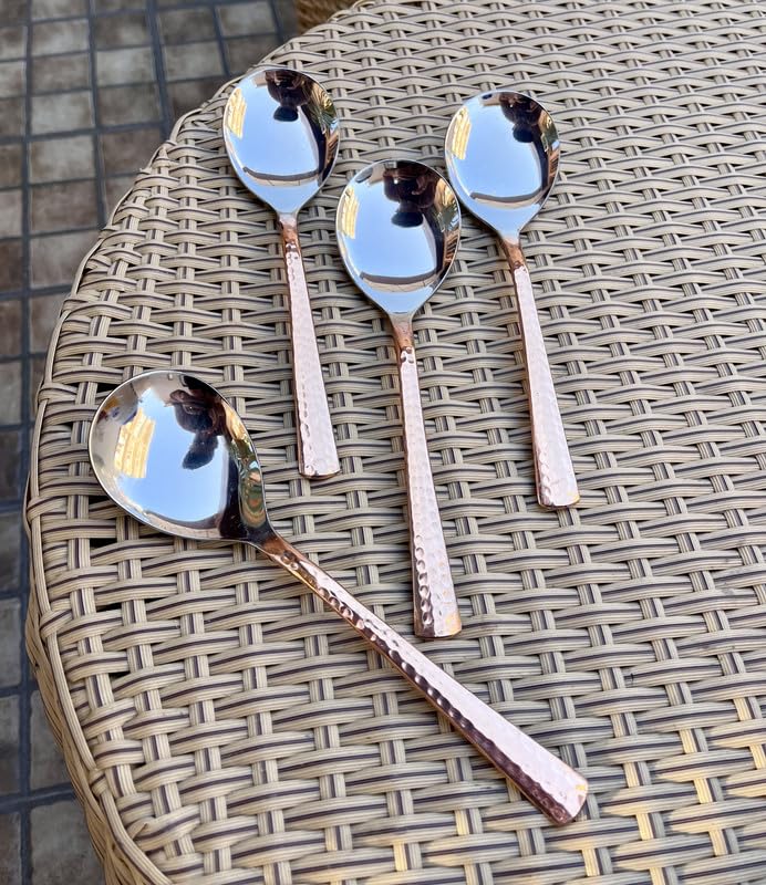 Image of Stainless Steel and Copper Made Serving Spoon Set - Pack of 4 | Metal Kitchen Dining and Cutlery | Steel and Copper Metalic Finish | A Touch of Elegance to Your Dining and Serving
