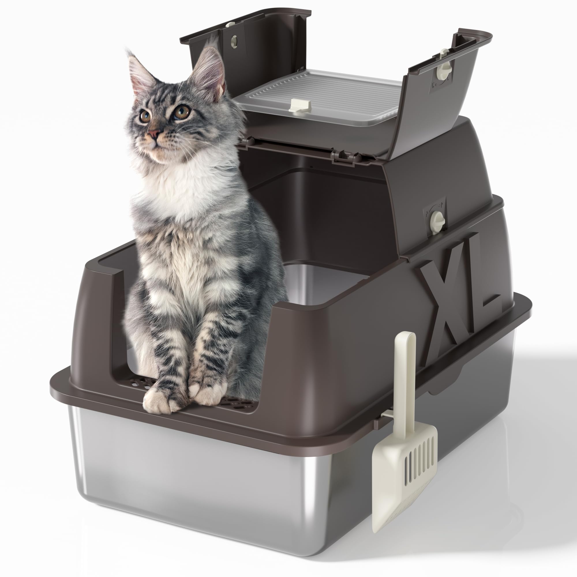 Stainless Steel Cat Litter Box with Lid - XL 18" Deep for Big Cats,180° Flip-Top，Odor-Free & Anti-Leak with Scoop (Coffee White, 24" L x 16" W x 18" H)