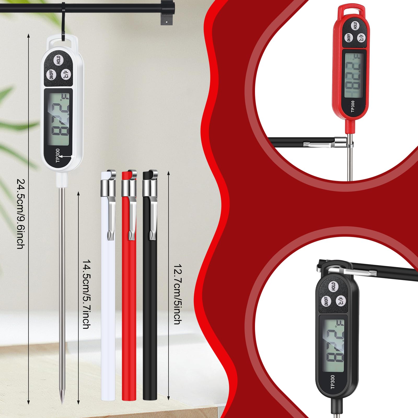 Copkim Termómetro digital para carne y alimentos, 12 piezas, con sonda, agua, líquido, lectura instantánea, suministros de cocina para cocinar, barbacoa, leche, yogur (negro, blanco, rojo)