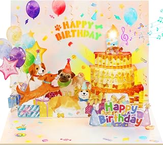 Musical Birthday Cards, Dog Funny Pop up Birthday Cards with Blowable Candle and Colourful Lights, Birthday Gifts for Women Men Dog Lover Kids Mom or Dad