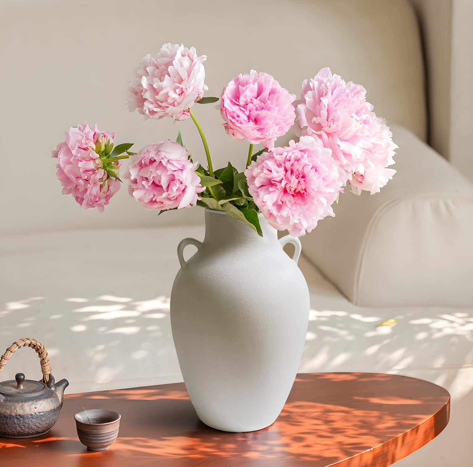 Jarrón de cerámica blanca con asas de orejas de 10 pulgadas para centro de mesa, jarra hecha a mano de porcelana para flores, jarra impermeable para ramas frescas de tallo largo, plantas 6