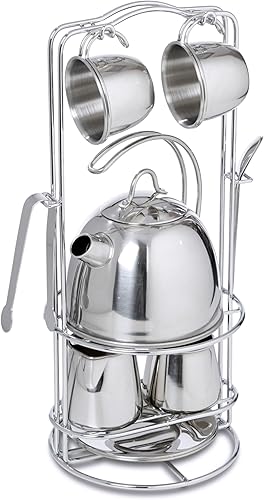 Miniatura 5 de Melissa & Doug Juego de té de acero inoxidable y estante de almacenamiento para niños (11 piezas)