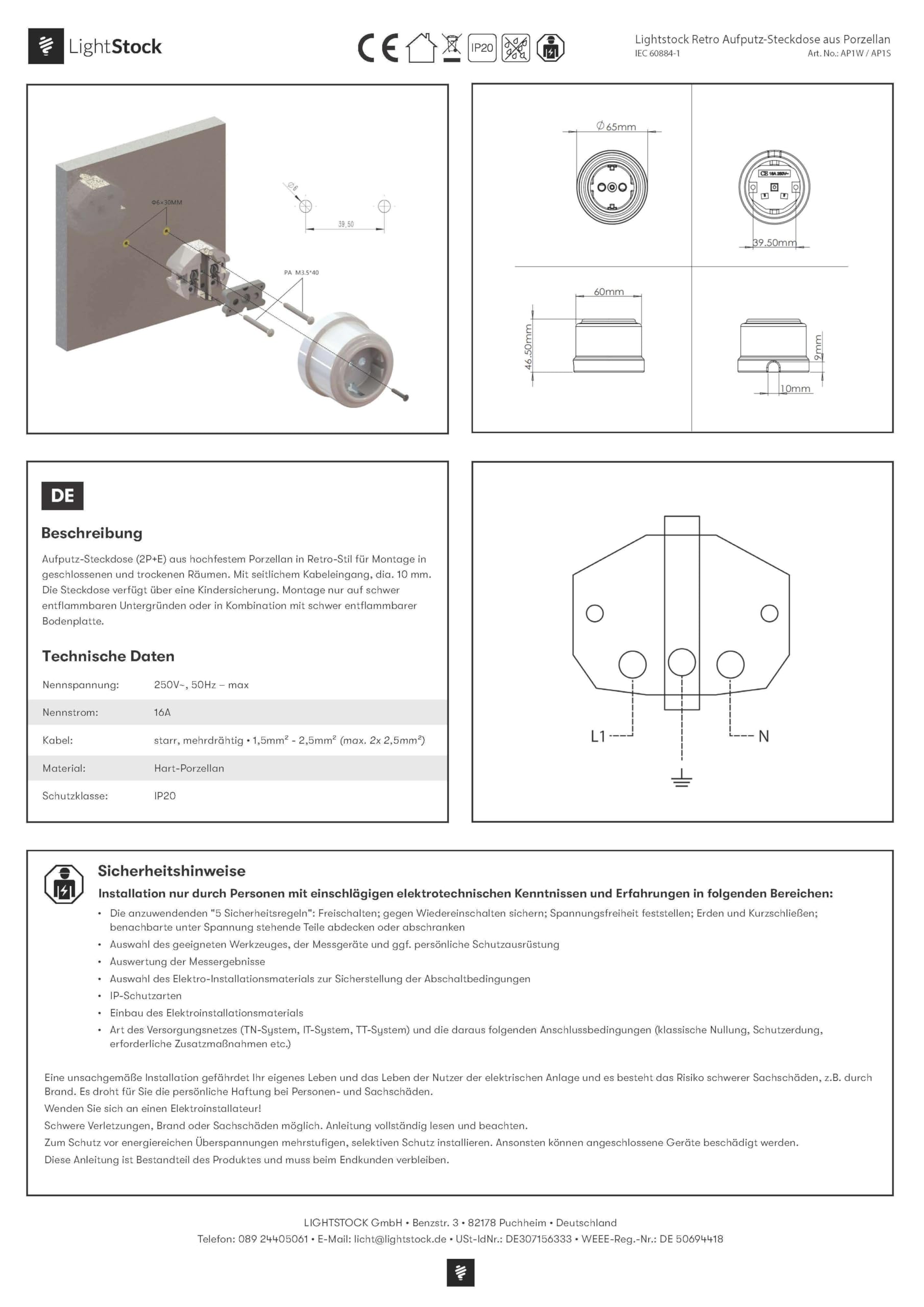 3x Stk. Lightstock Retro Aufputz-Steckdose aus Porzellan, weiß