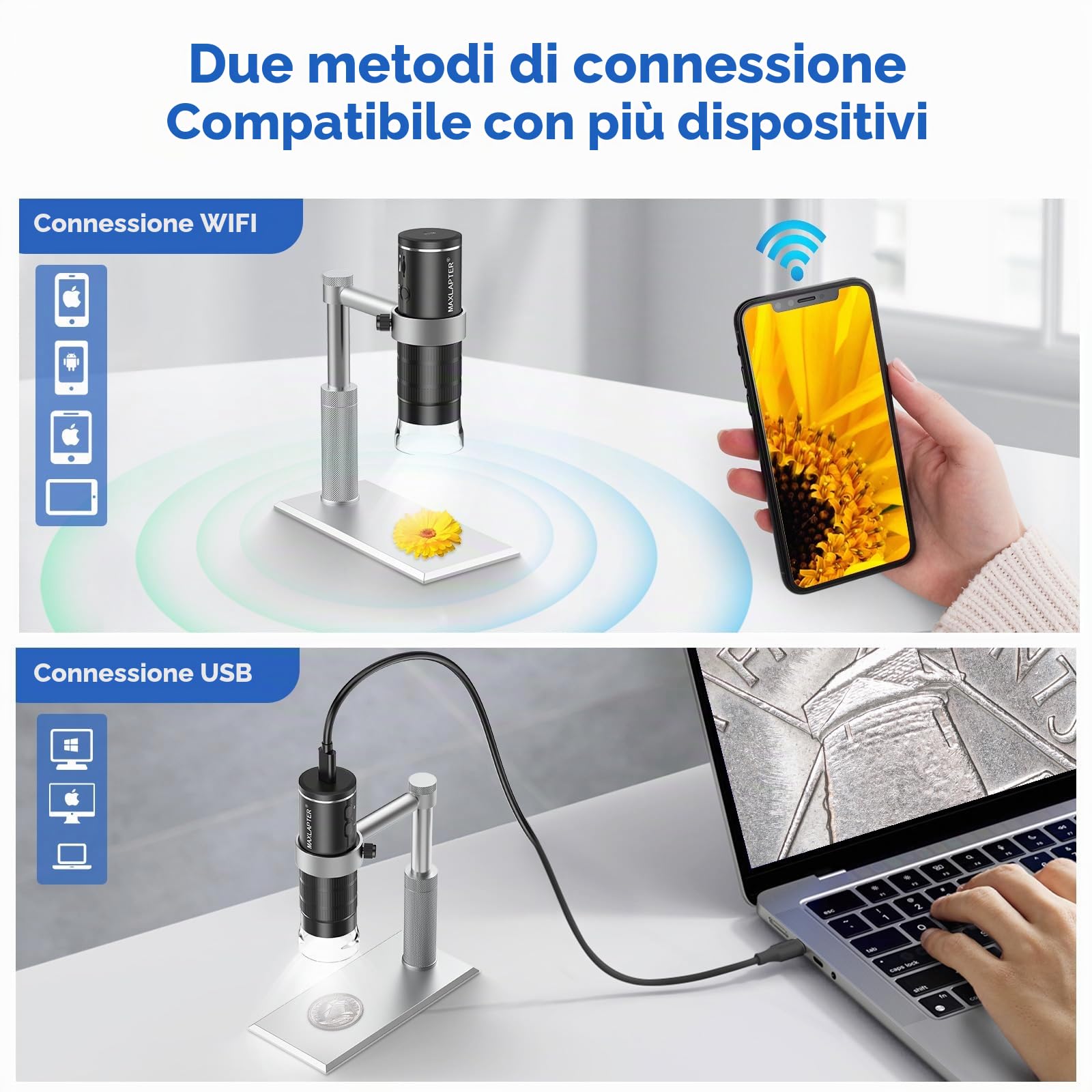 MAXLAPTER Microscopio Digitale WiFi 50X-1000X per Adulti e Bambini, Portatile Microscopio USB con Supporto Metallo, Compatibile con iPhone iPad Android Windows Mac