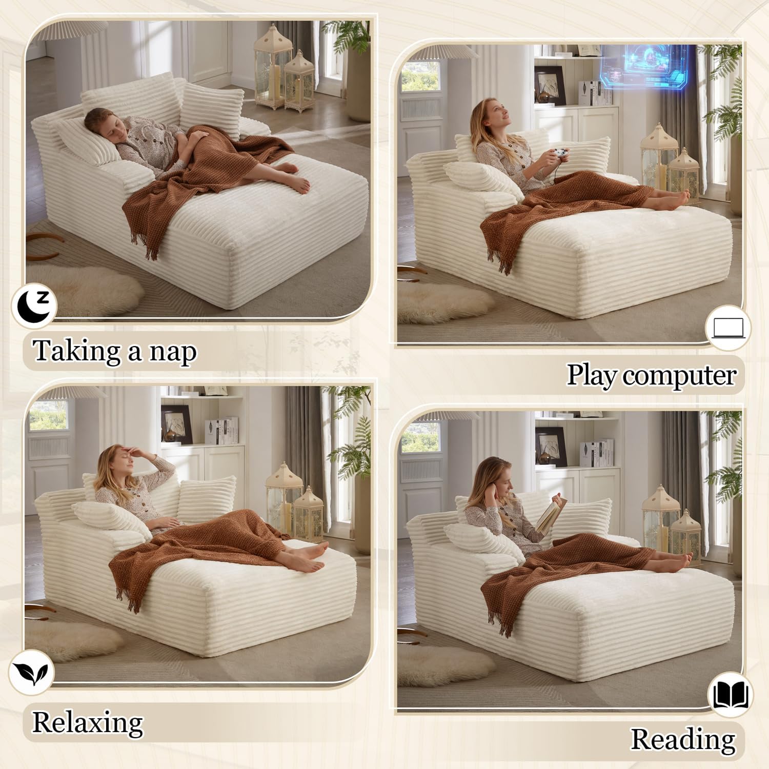 67 Inch Oversized Chaise Lounge Chair Indoor,Boneless Corduroy Sofa Bed with Spring Cushion,Deep Seat Cloud Couch and Reading Lounger,Soft Sleeper Sofa for Living Room,No Assembly Required (White)