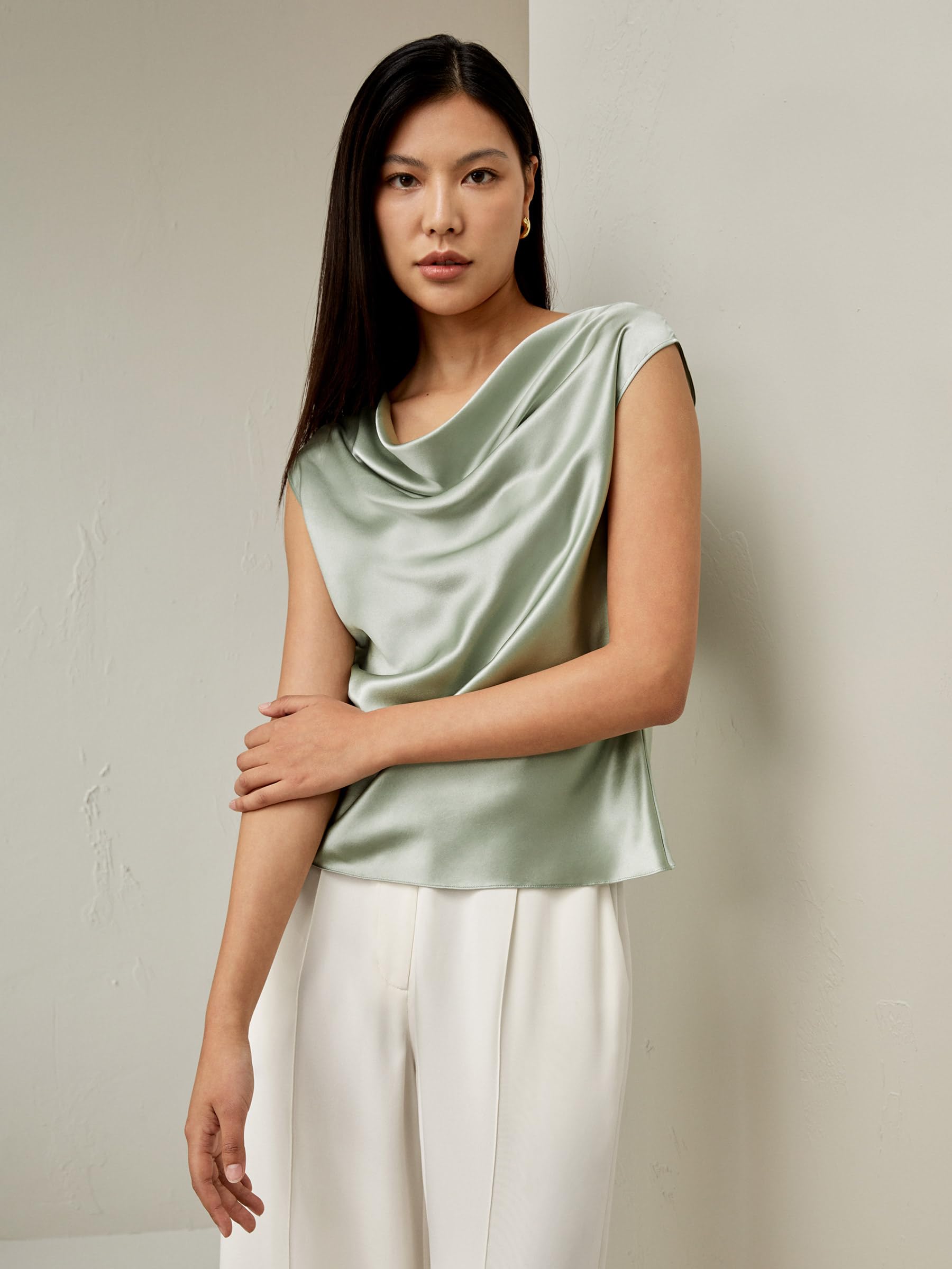 LilySilk 100% Seidenhemd mit Wasserfallausschnitt für Damen ärmellose Elegante Oberteile für den Sommer Schulterfreies T-Shirt für Damen