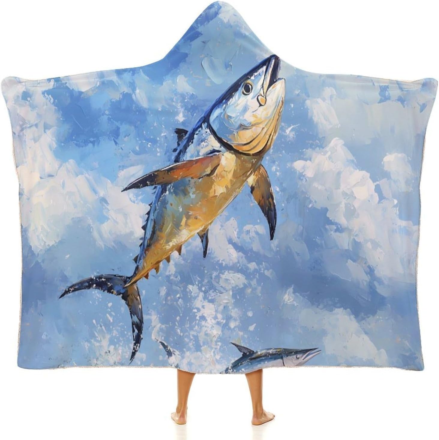 Tuna Fish Leaping Out Of Water Fashion Wearable Blanket Hoodie Fleece Throw Cloak Robe Unisex