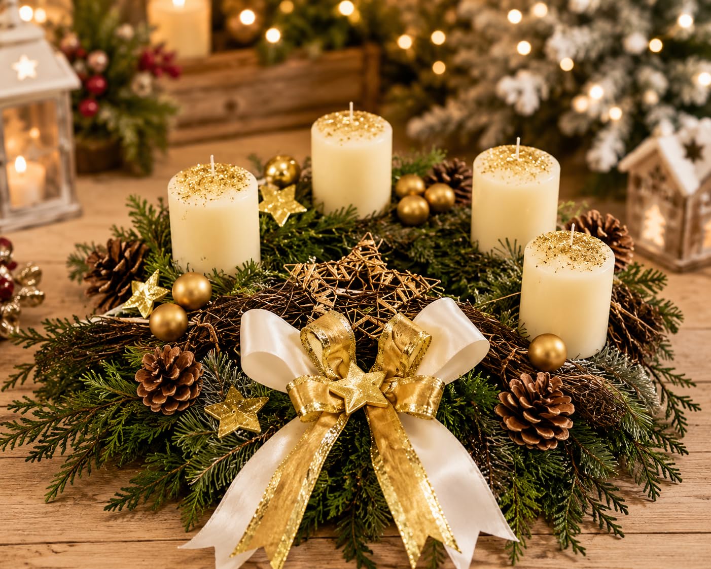 Adventskranz frisch Creme Gold 35 cm Weihnachten Advent Gesteck Tanne C