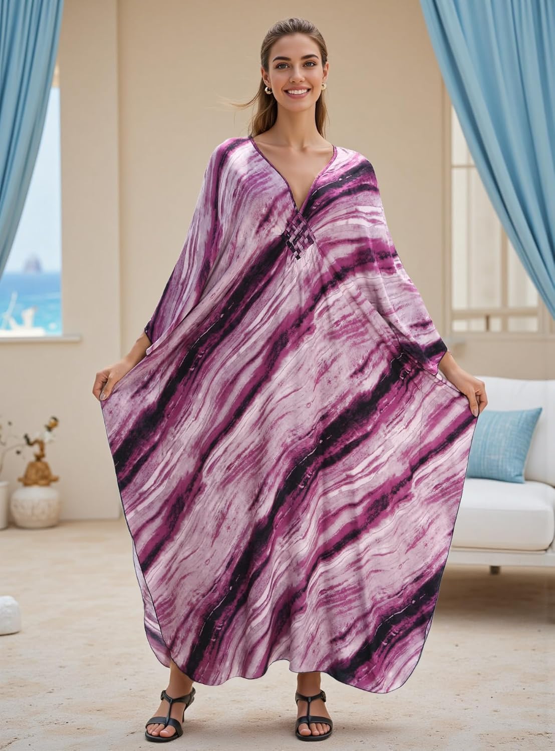 Women's Plus Size Kaftan Dress - Batwing Sleeve Long Beach Cover Up Maxi Dress Swimsuit Cover Loungewear - Image 2