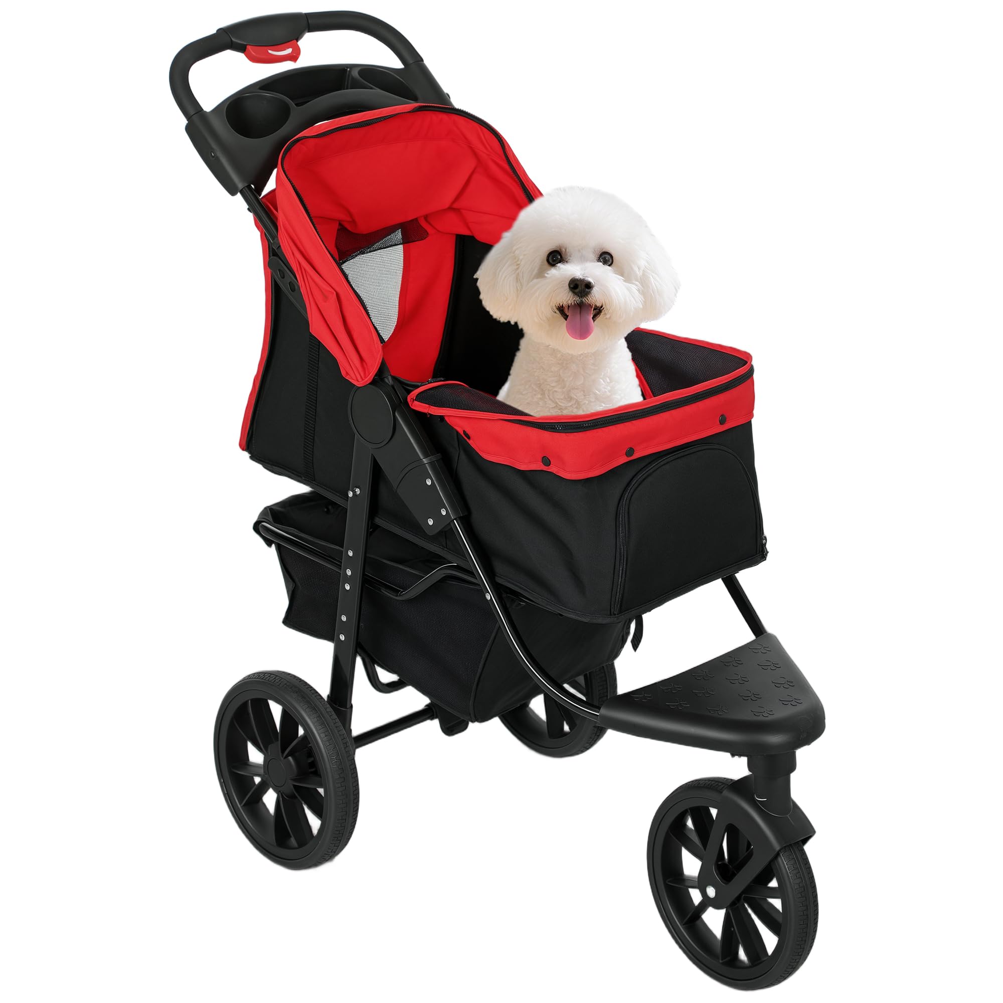PawHut Carrito para Perros Plegable Cochecito para Mascotas Carrito para Perros Pequeños con 3 Ruedas Ventanas de Malla Cesta y Correas de Seguridad Carga 25 kg 109,5x57,5x106,5 cm Rojo
