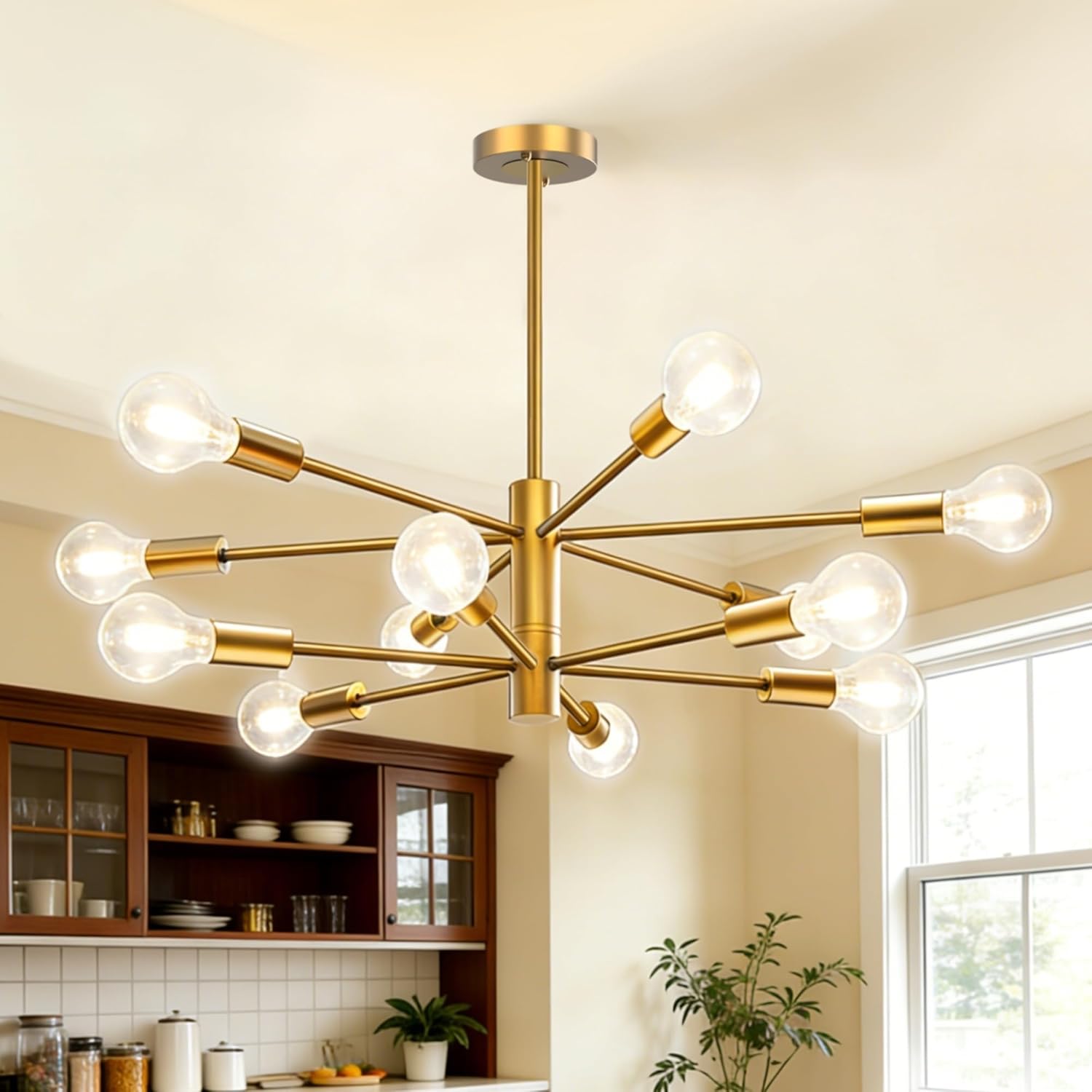Modern Chandelier, 12-Light Sputnik Ceiling Light Fixture, Mid Century Height Adjustable Sputnik Chandeliers for Dining Room, Kitchen Island, Living Room, Bedroom - Gold