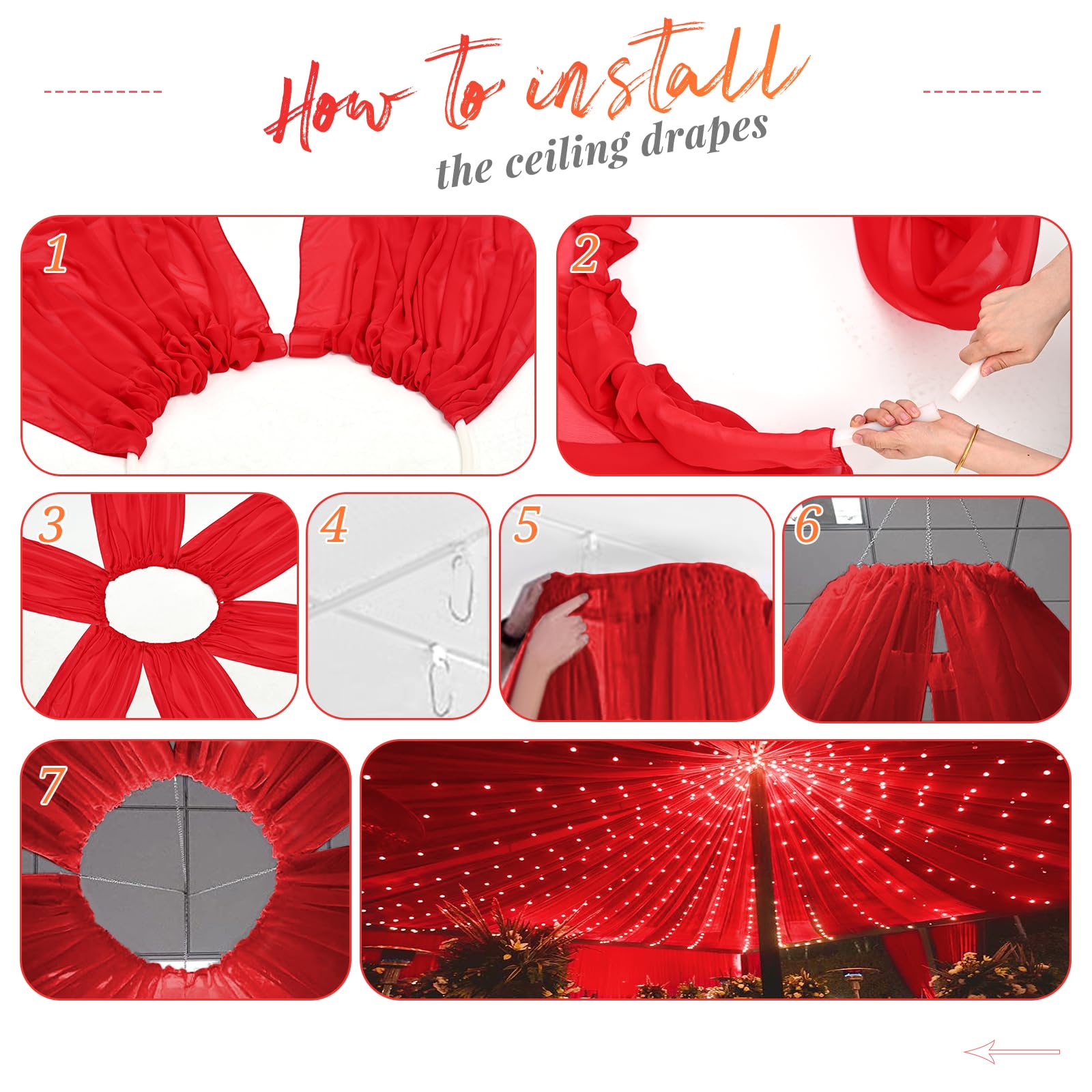 Lot de 4 rideaux de plafond en mousseline de soie transparente pour décoration de fête, cérémonie, scène - 1,5 x 6,1 m - Rouge