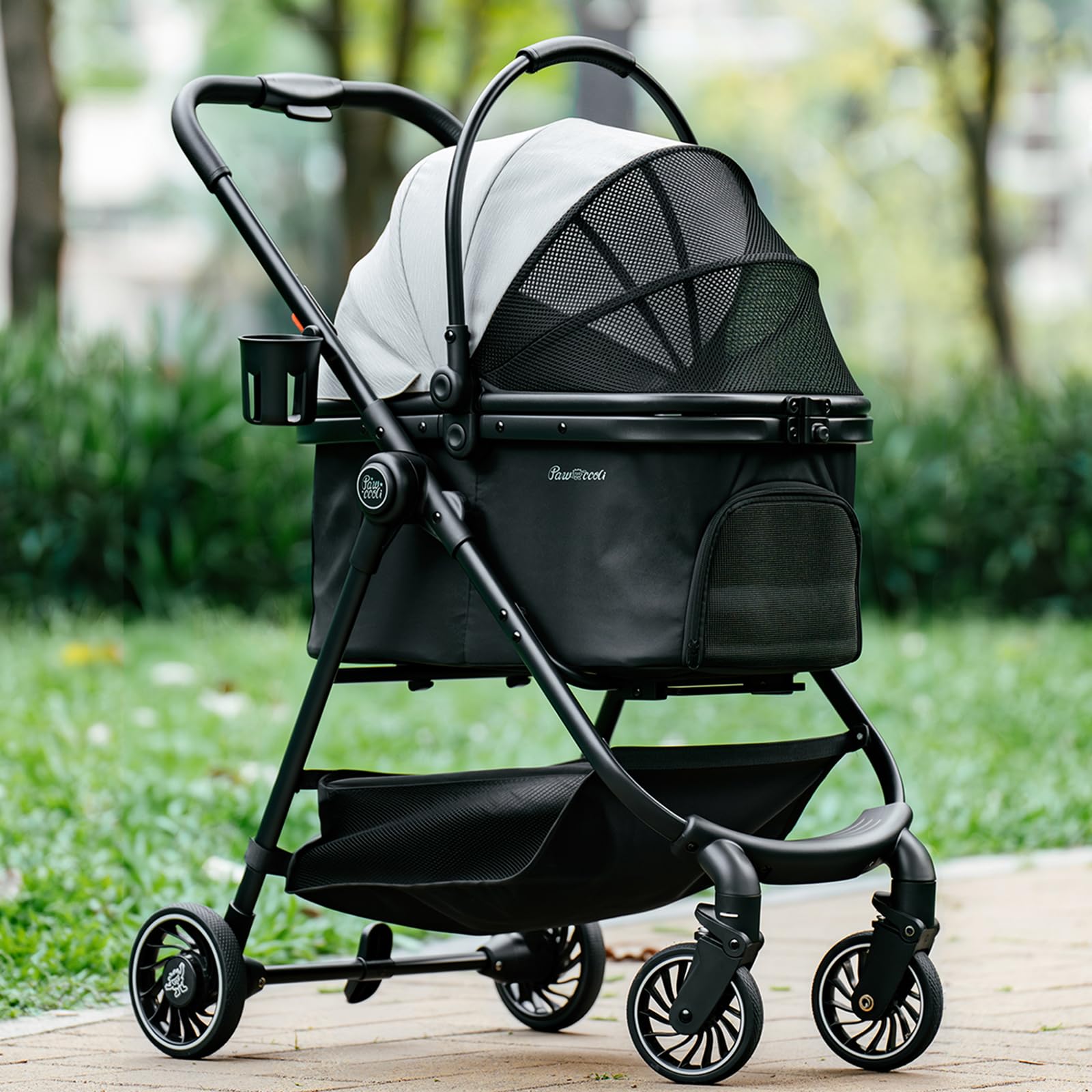 Pawccoli Pet Stroller for Small Dogs and Cats, One-Click Foldable Dog Stroller with Detachable Carrier & 3 Safety Tethers, Holds up to 33 lbs, Storage