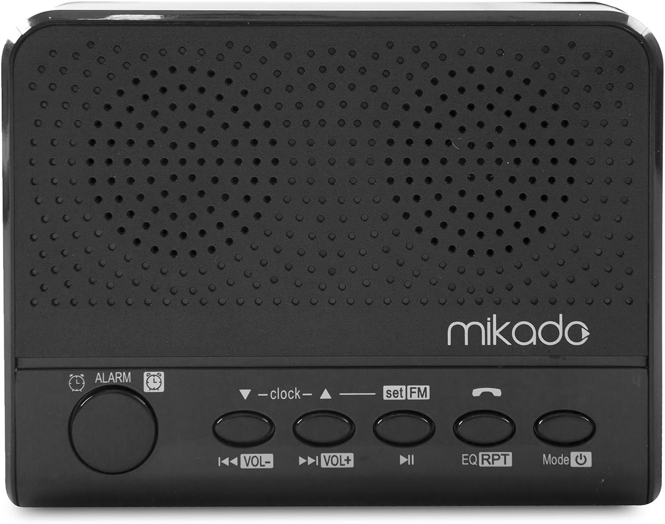 Mikado MD-A24 top view showing control buttons for alarm, clock, set FM, call, volume, play/pause, EQ/repeat, mode, and power.