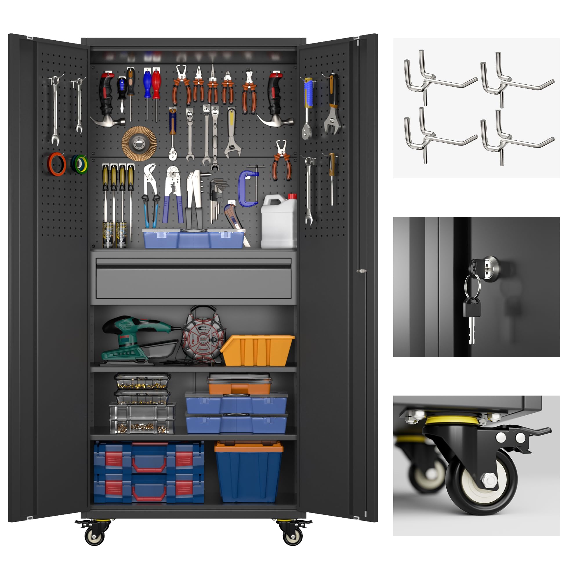 71"H Garage Storage Cabinet with Wheels, Drawer, Pegboard and 16 Hooks, Metal Storage Cabinet with Locking Doors and 2 Adjustable Shelves for Garage, Warehouse, Home, Black, Assembly Required