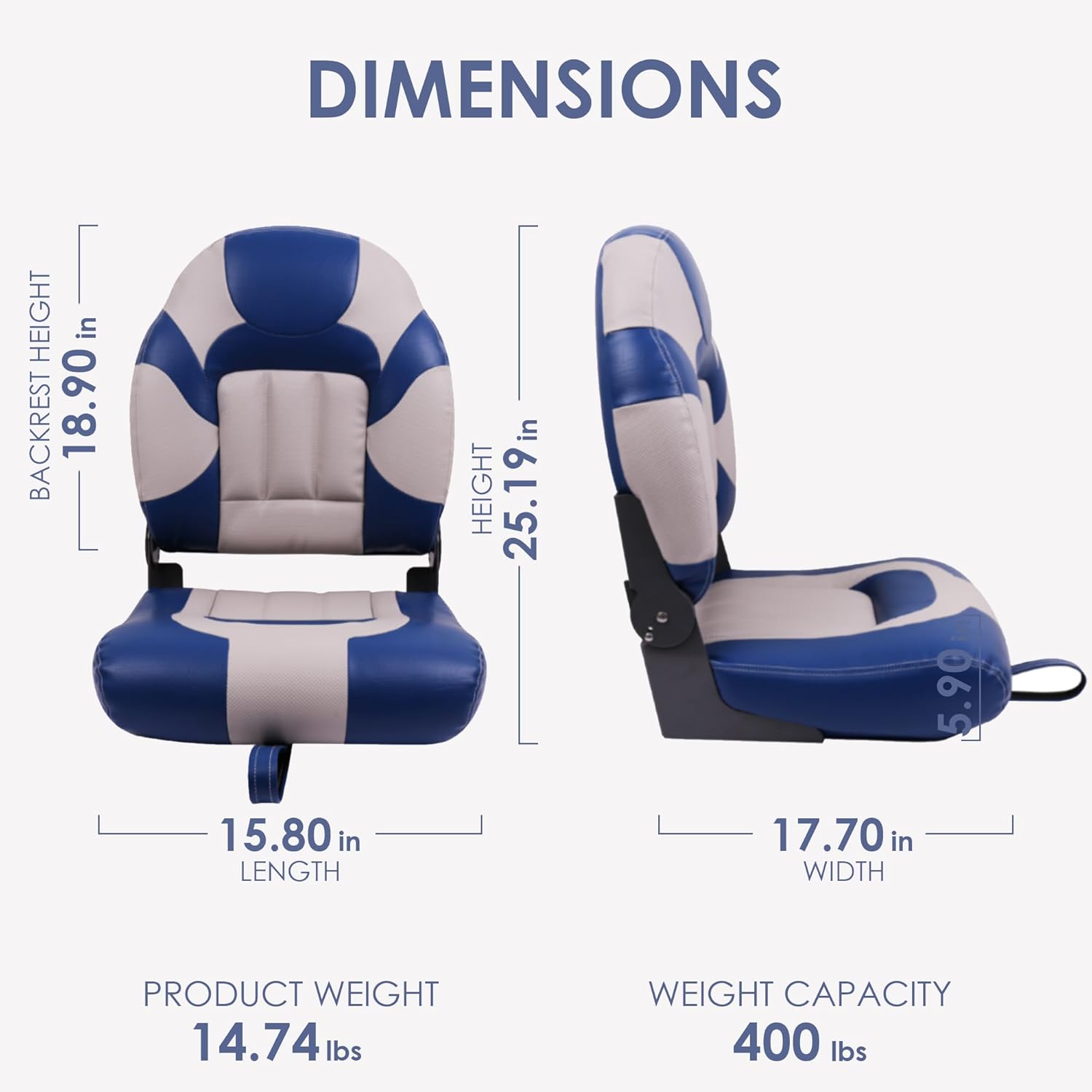 Deluxe High Back Boat Seat, Fold-Down Fishing Boat Seat Grey/Blue