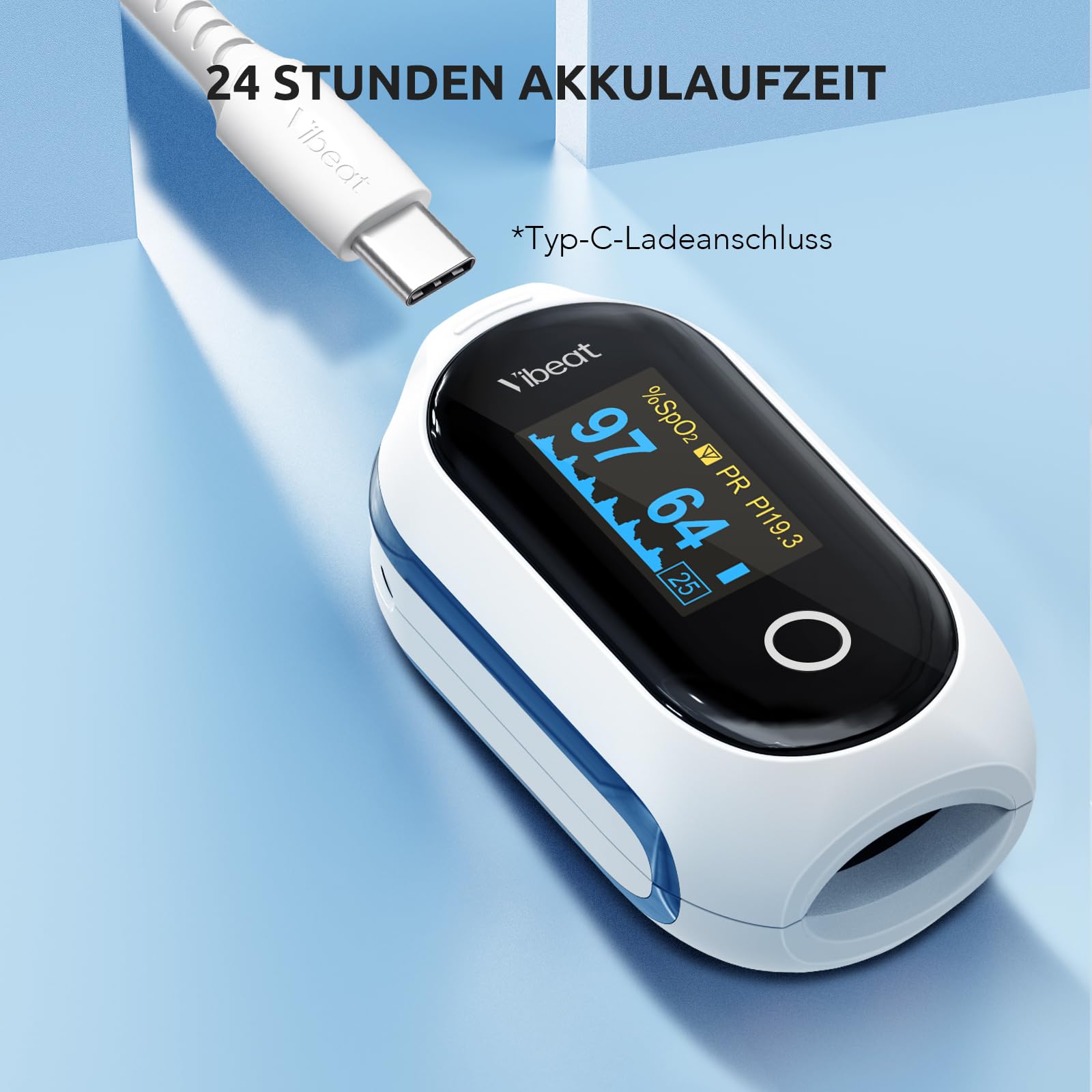 Vibeat Bluetooth Pulsoximeter mit 12 Offline-Daten, Wiederaufladbare Sauerstoffsättigung Messgerät Finger, Kontinuierlicher Überwachung Pulsoximeter Fingeroximeter, bequem Herzfrequenzmonitor mit APP