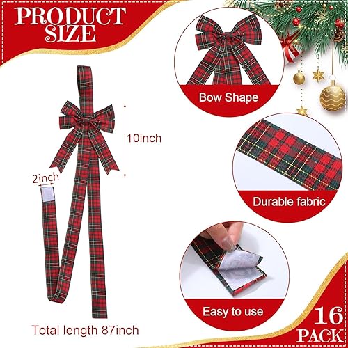 Miniatura 2 de Yinkin 16 lazos de cinta de Navidad para gabinete, 10 x 87 pulgadas, cintas y lazos a cuadros para puerta, decoración moderna de Navidad para