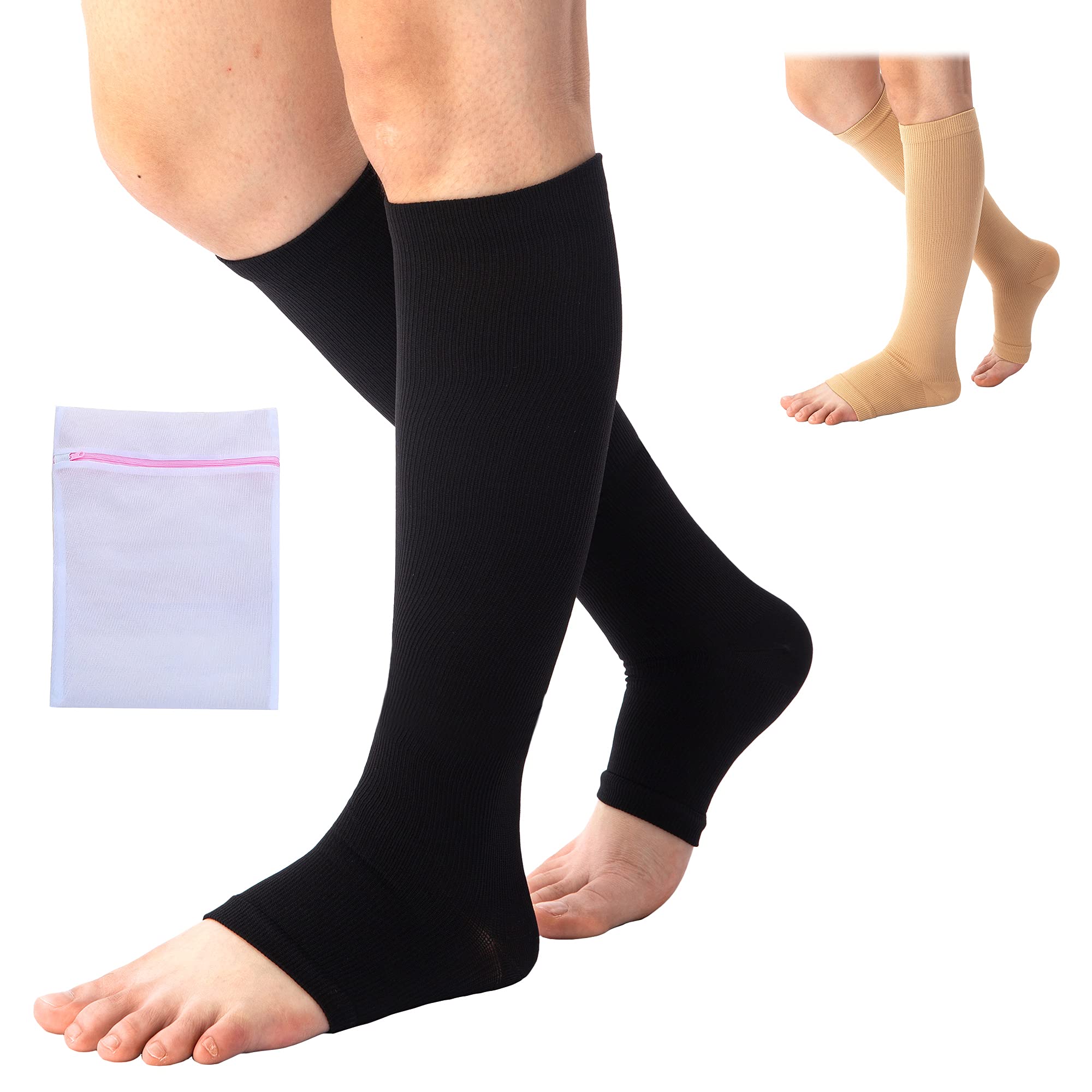 BISLINKS Medical Compression Socks Varicose Knee Vein Blood Flow Open Toe Support Flight Stockings Strengthen Breathable Material Black - Small/Medium