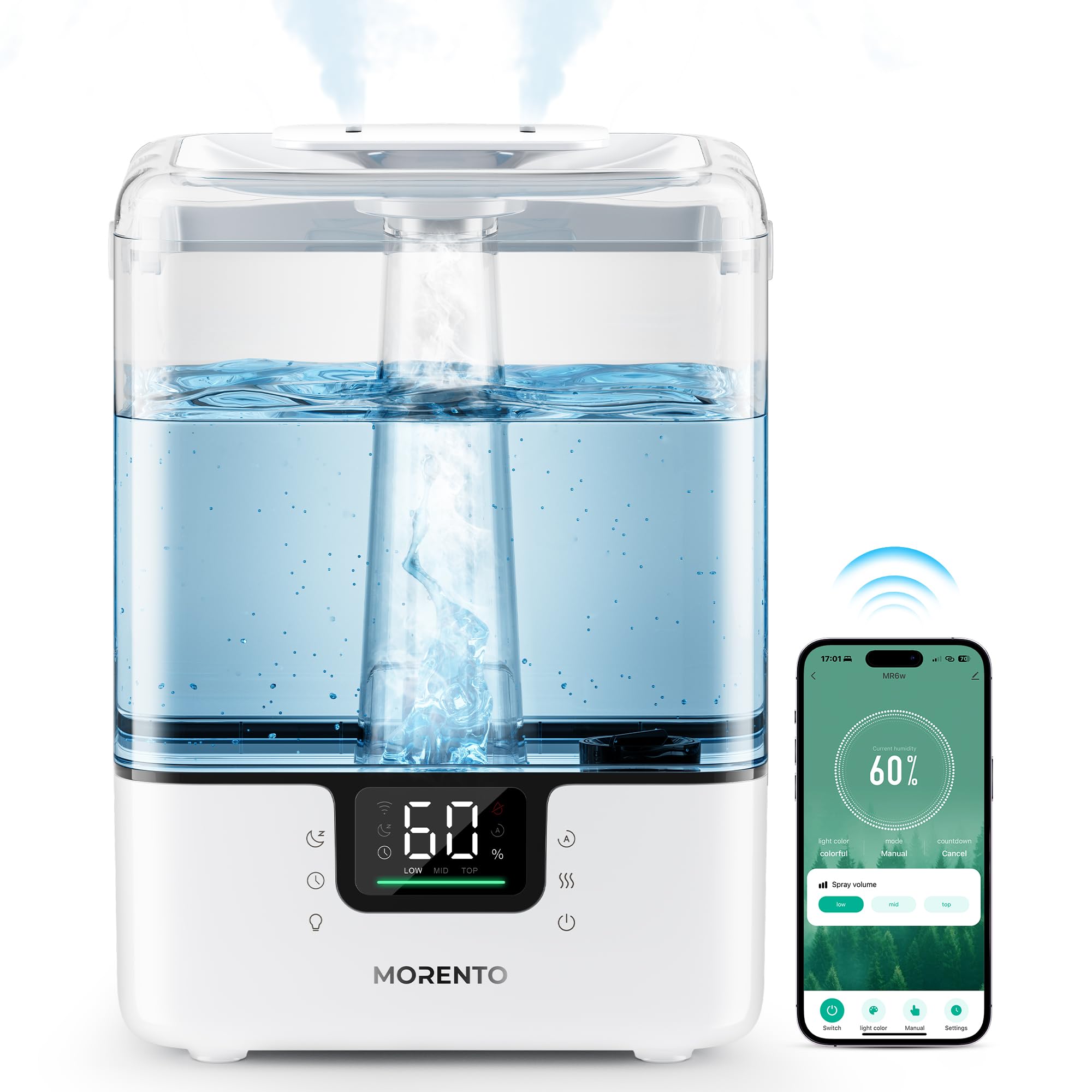 MERONTE Smart-Luftbefeuchter für Schlafzimmer, großes Zimmer, Zuhause, 6 l, Luftbefeuchter mit Diffusor für ätherische Öle, intelligente App und Sprachsteuerung, für Kinderzimmer und Pflanzen, Weiß, 1