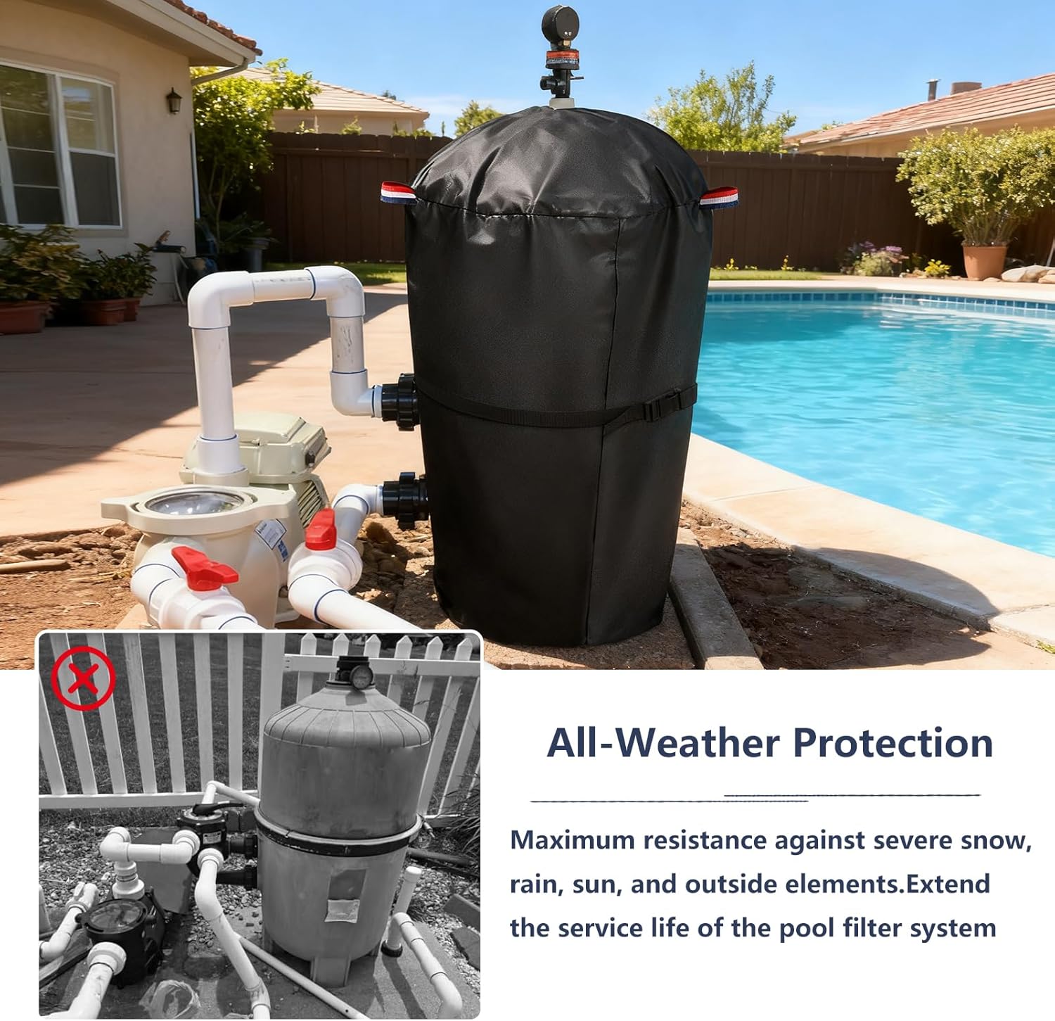 Bitubi Pool Filter Cover with Double-Layer Plush Lining (Universal Style), for Cartridge Filters Inground and Above Ground Swimming Pool Filters, Protects from Severe Snow and Intense Sun, Black