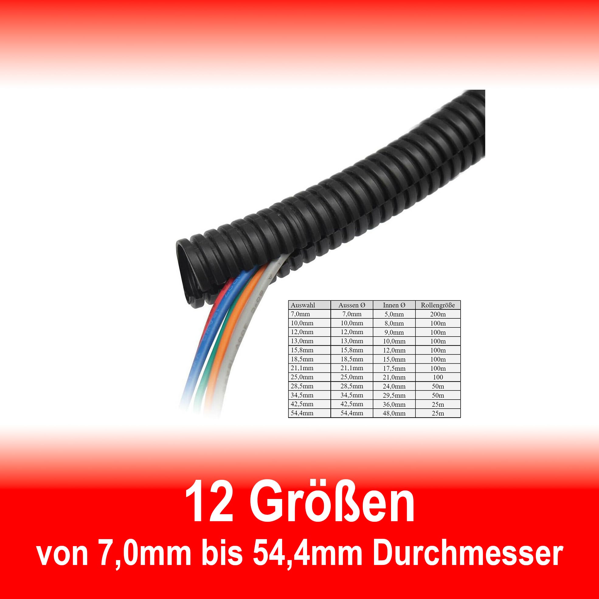 25 Meter Wellrohr geschlitzt Schutzrohr Leerrohr Ø Innen 21,0mm / Ø Aussen 25,0mm | Schwarz | UV Beständig | Bis -40 bis 105°C | schwer Entflammbar | verschiedene Größen u. Längen